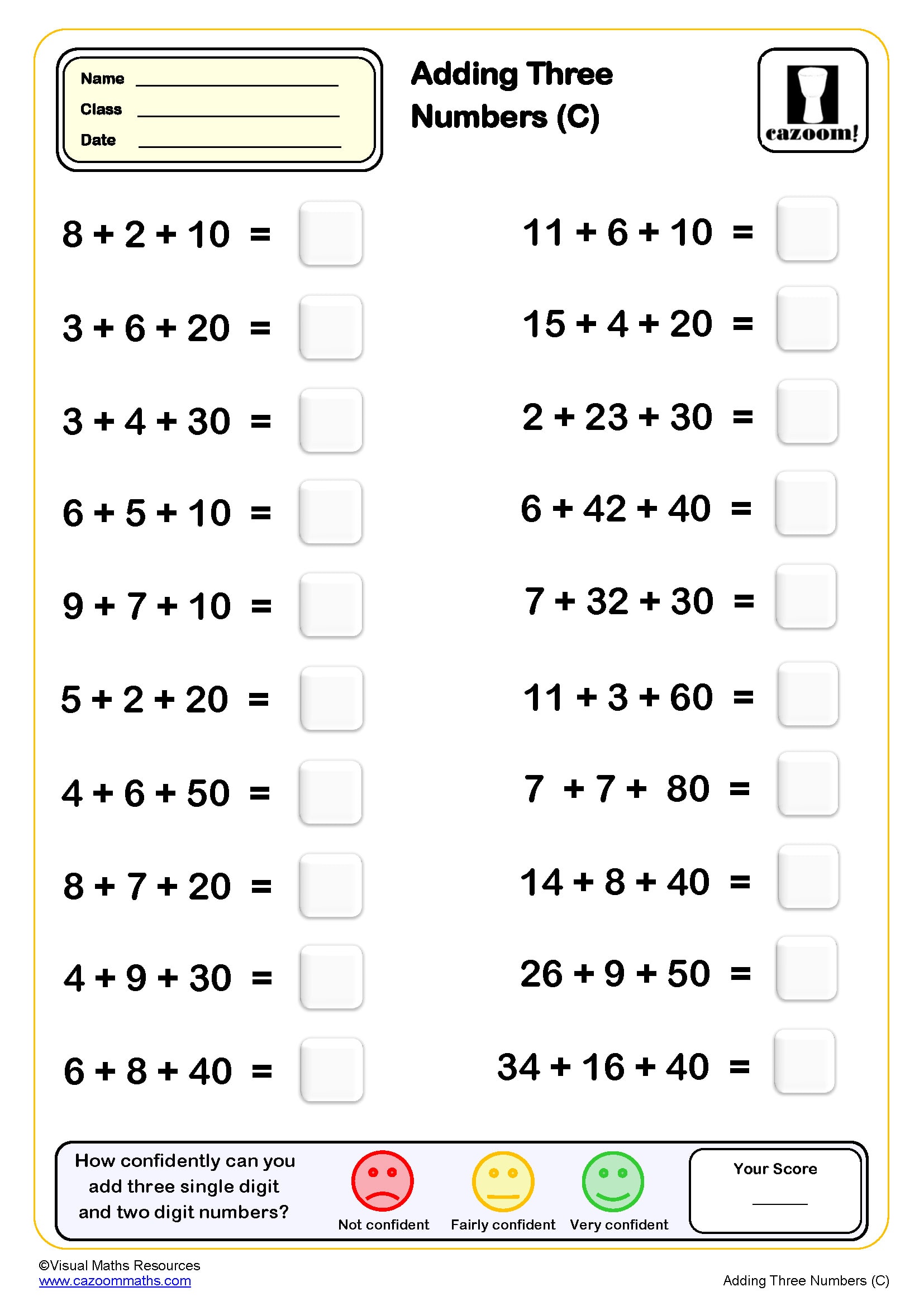 Addition Drills With 3 Numbers C Worksheet