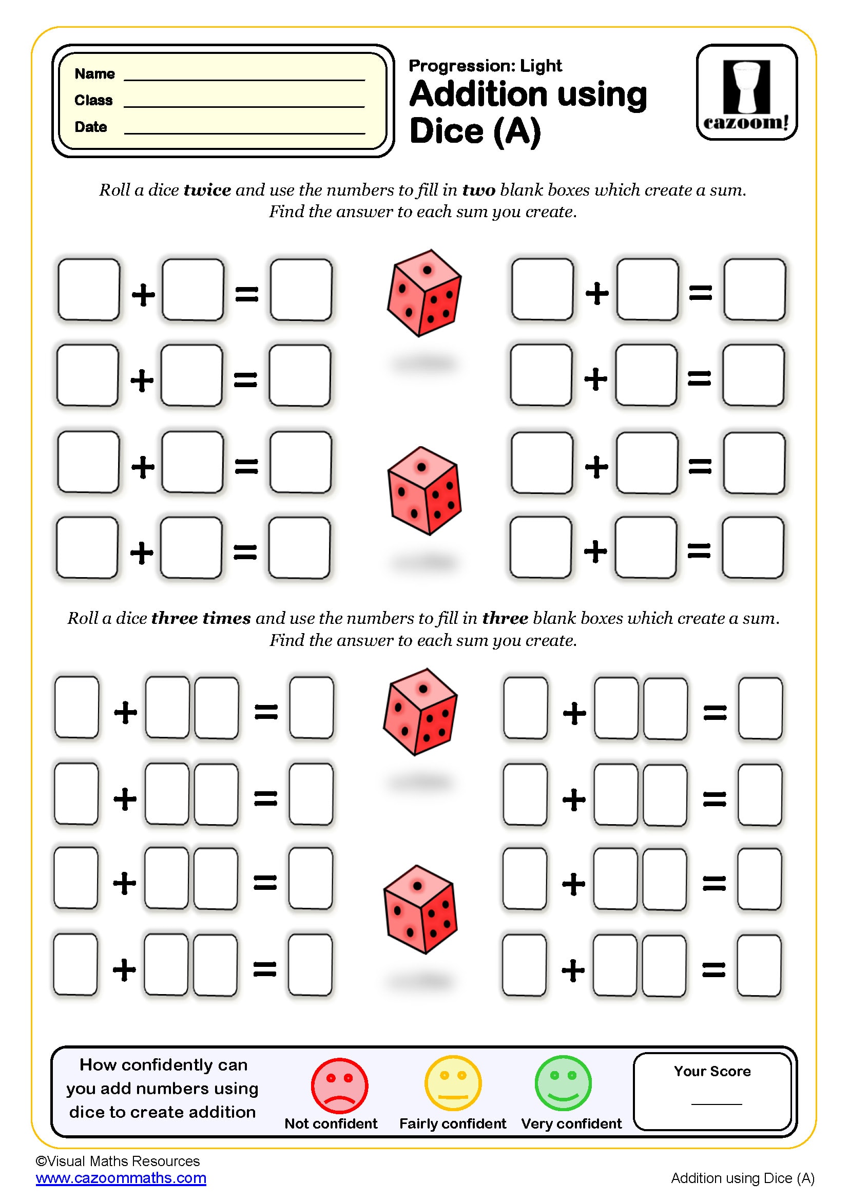 Preview of Addition Using Dice (A)