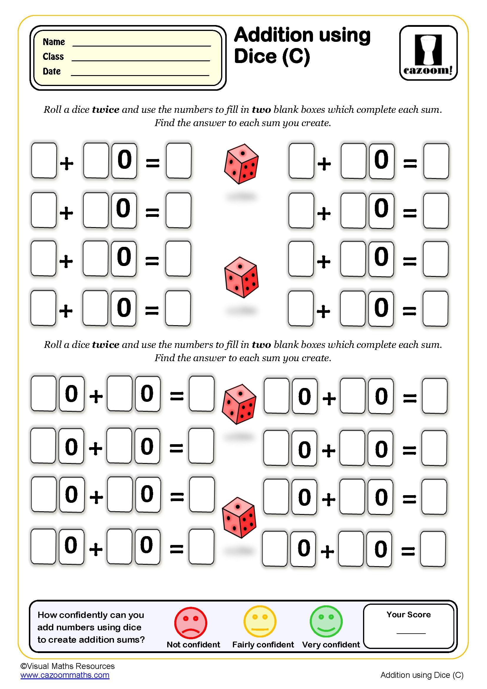 Addition Using Dice C Worksheet