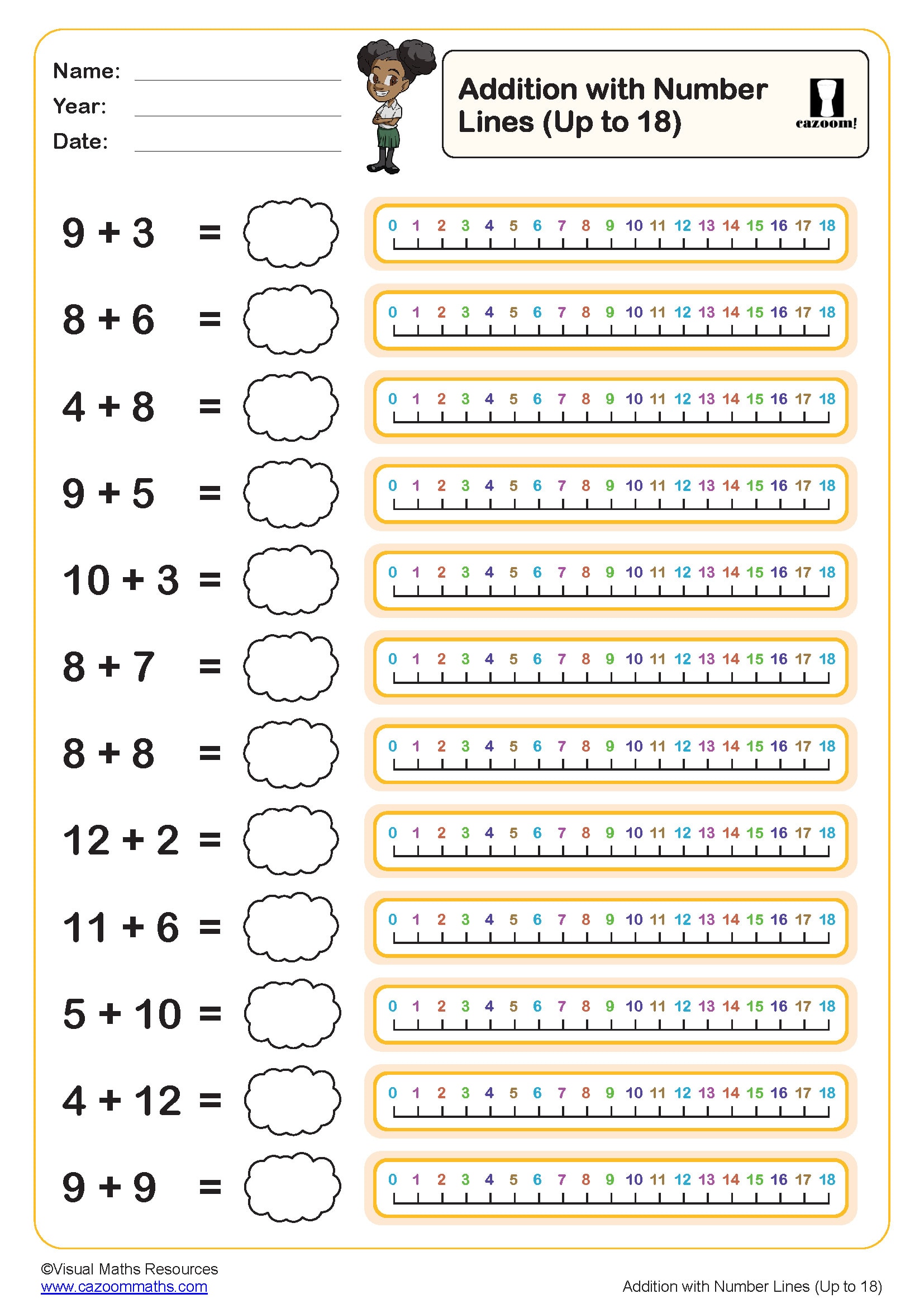Preview of Addition with Number Lines (up to 18)
