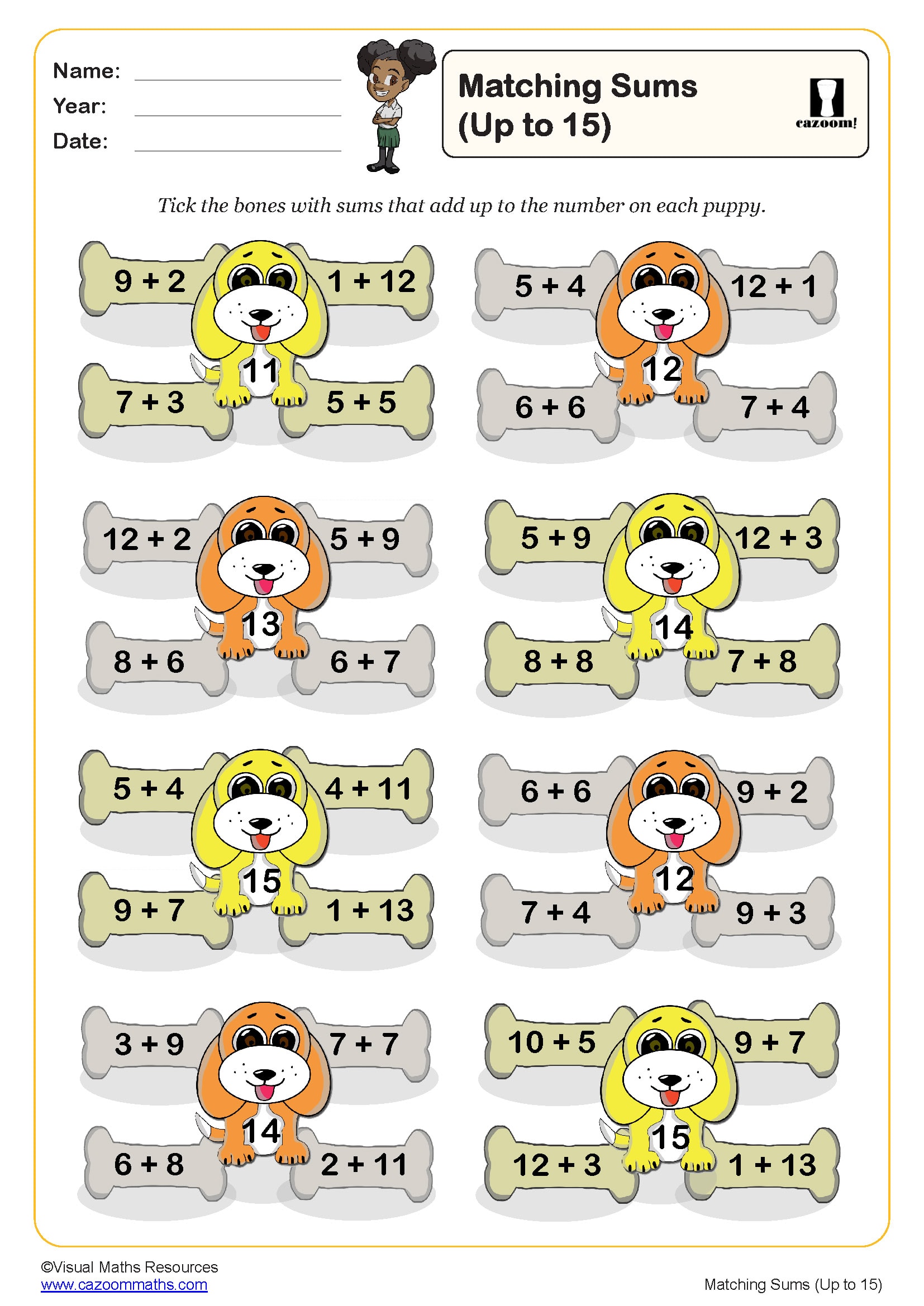 Matching Sums Up To 15 Worksheet