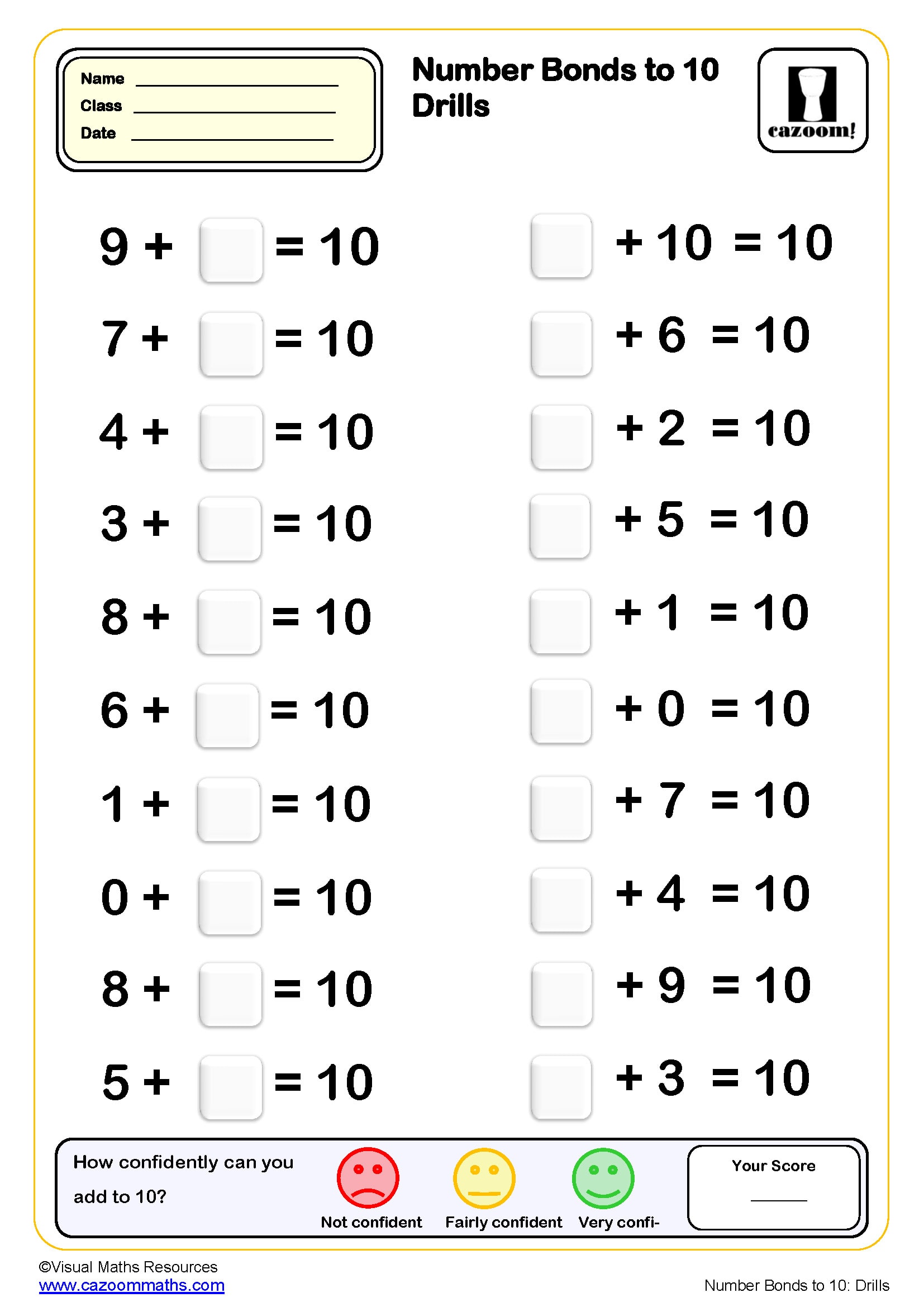 Preview of Number Bonds to 10 drills (20 questions)