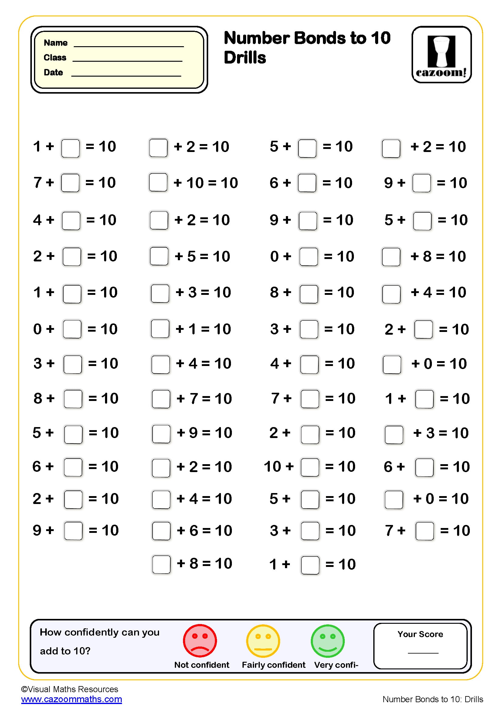 Preview of Number Bonds to 10 drills (50 questions)