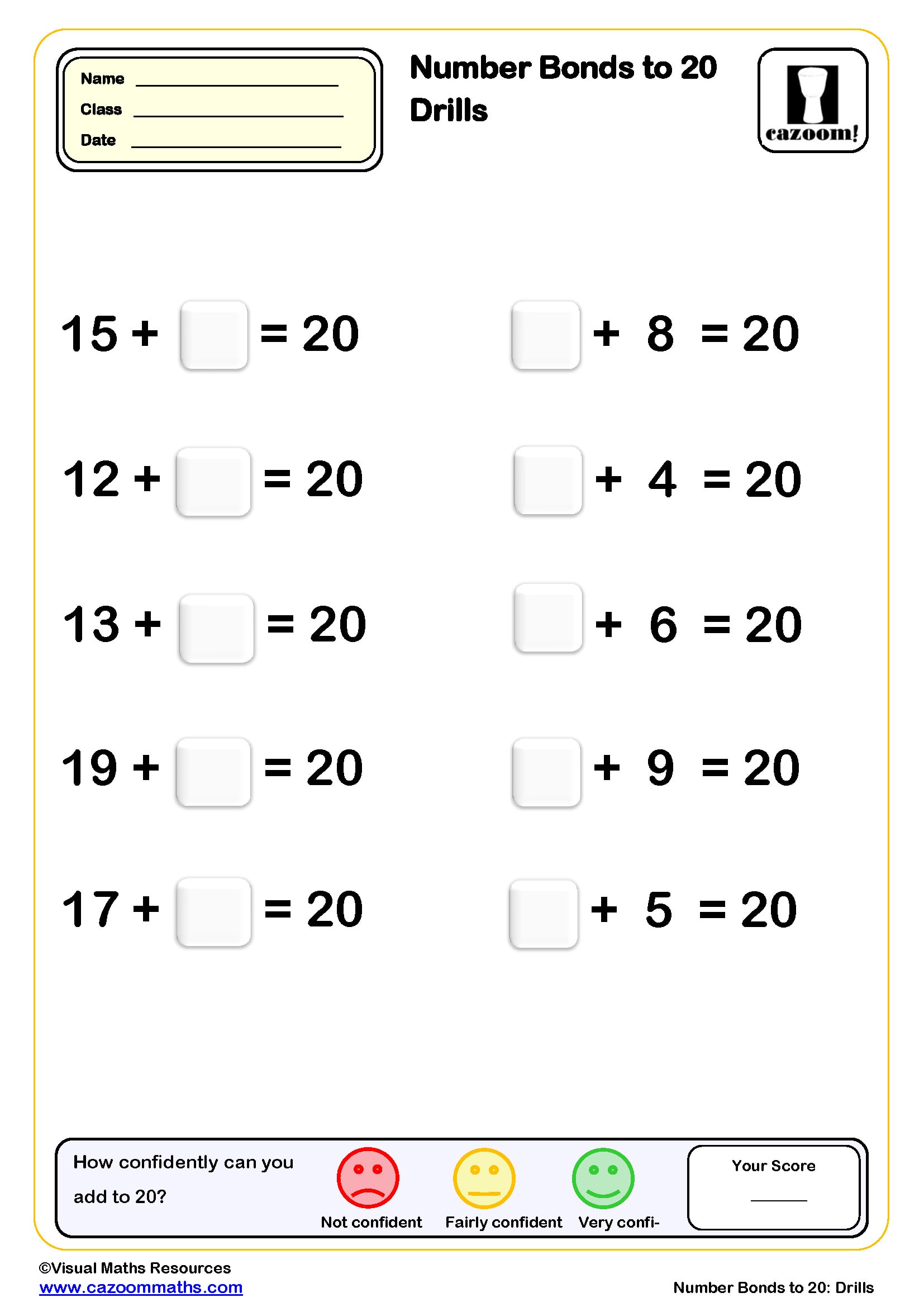 Preview of Number Bonds to 20 drills (10 questions)