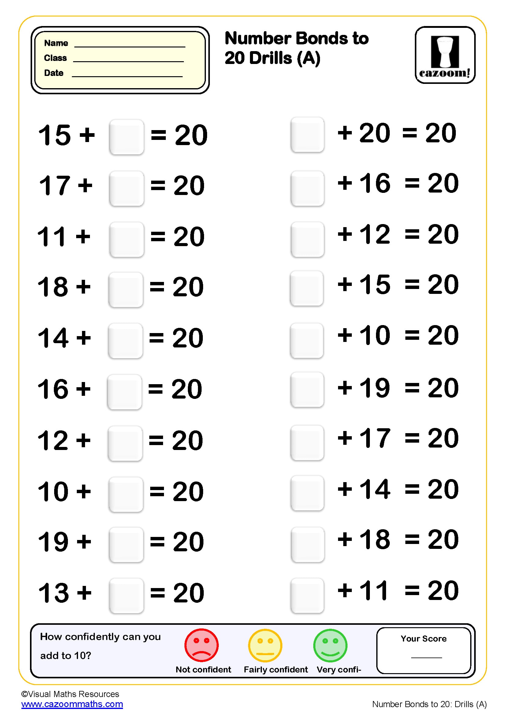 Preview of Number Bonds to 20 drills (20 questions)