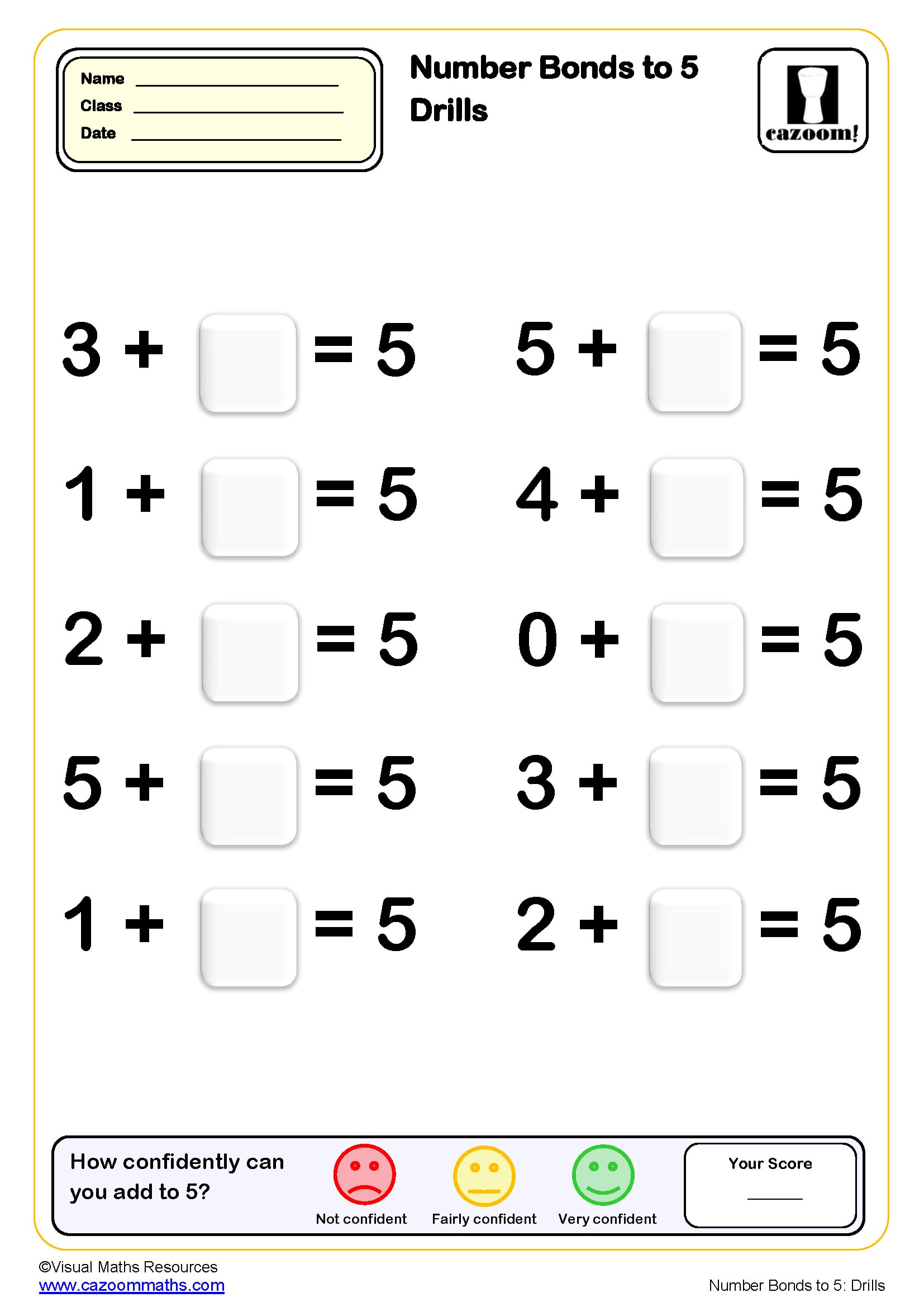 Preview of Number Bonds to 5 drills (10 questions)