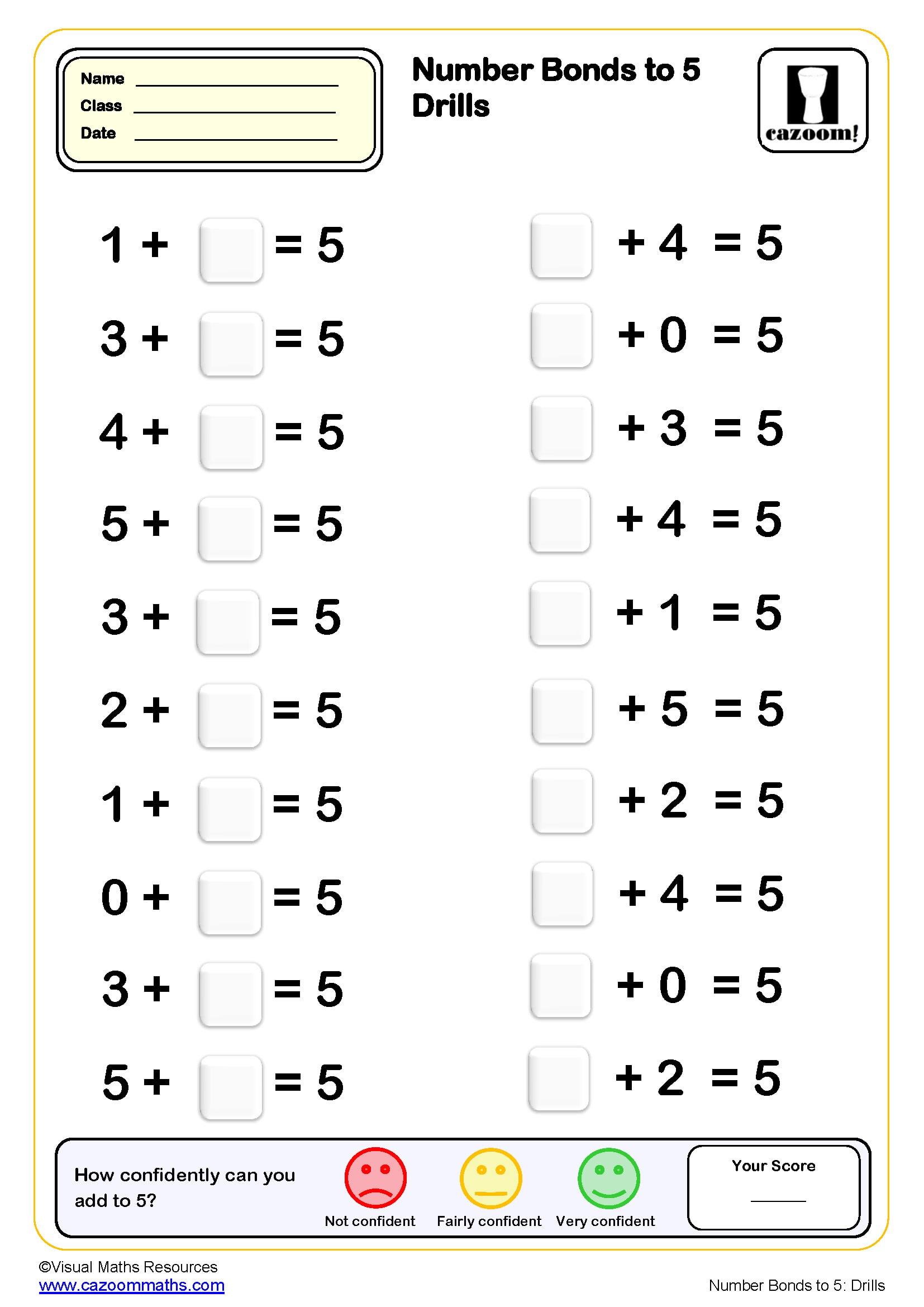 Preview of Number Bonds to 5 drills (20 questions)