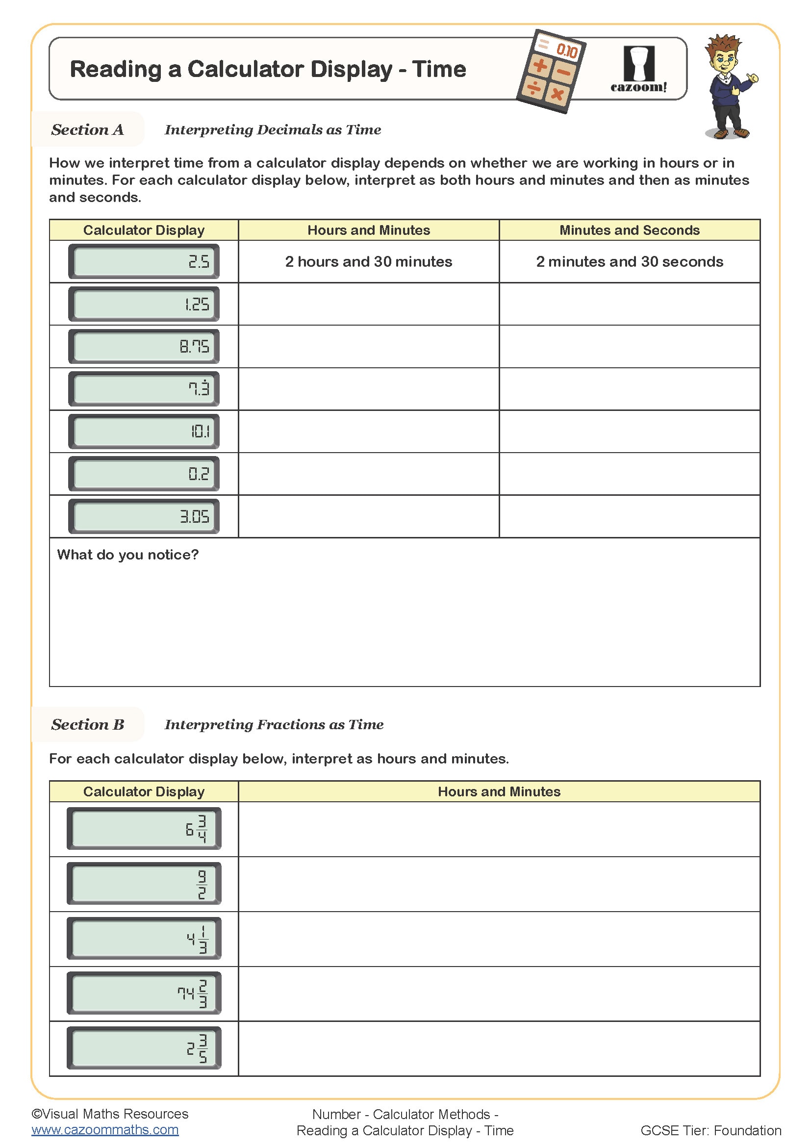 Reading A Calculator Display Time Worksheet