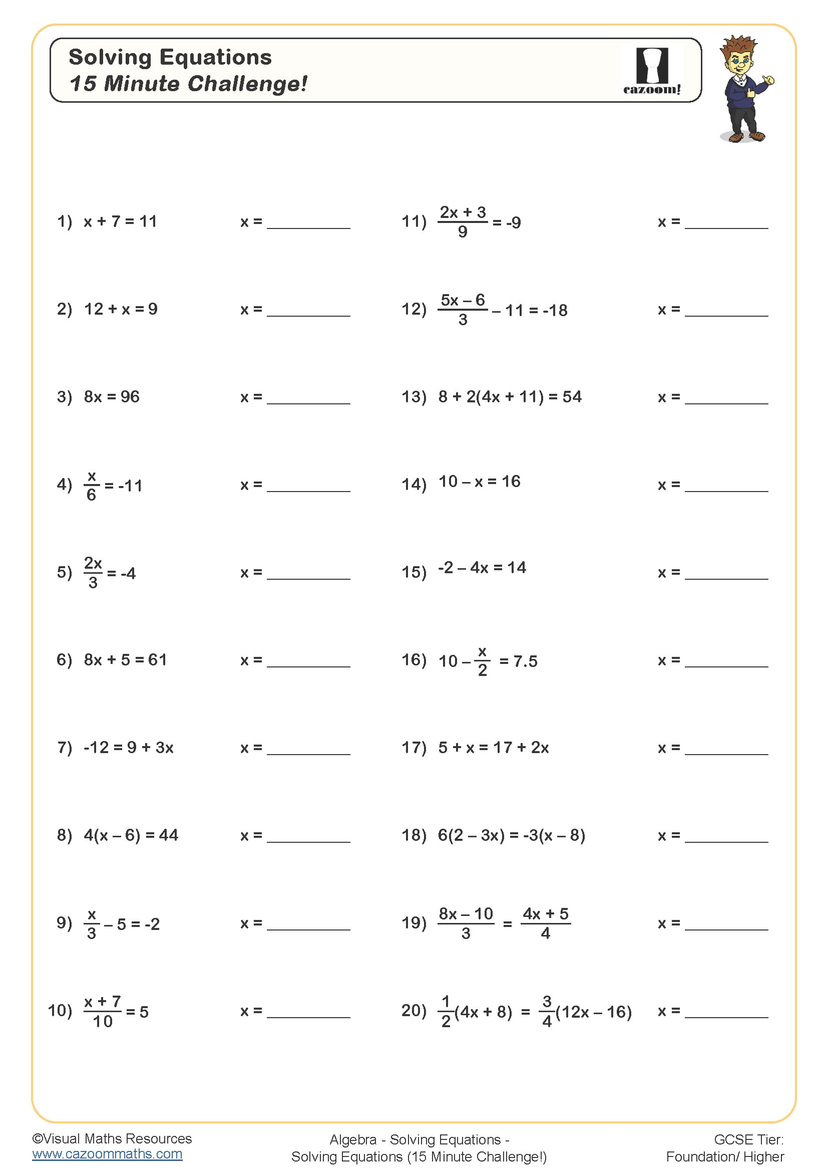 Solving Equations 15 Minute Challenge Worksheet