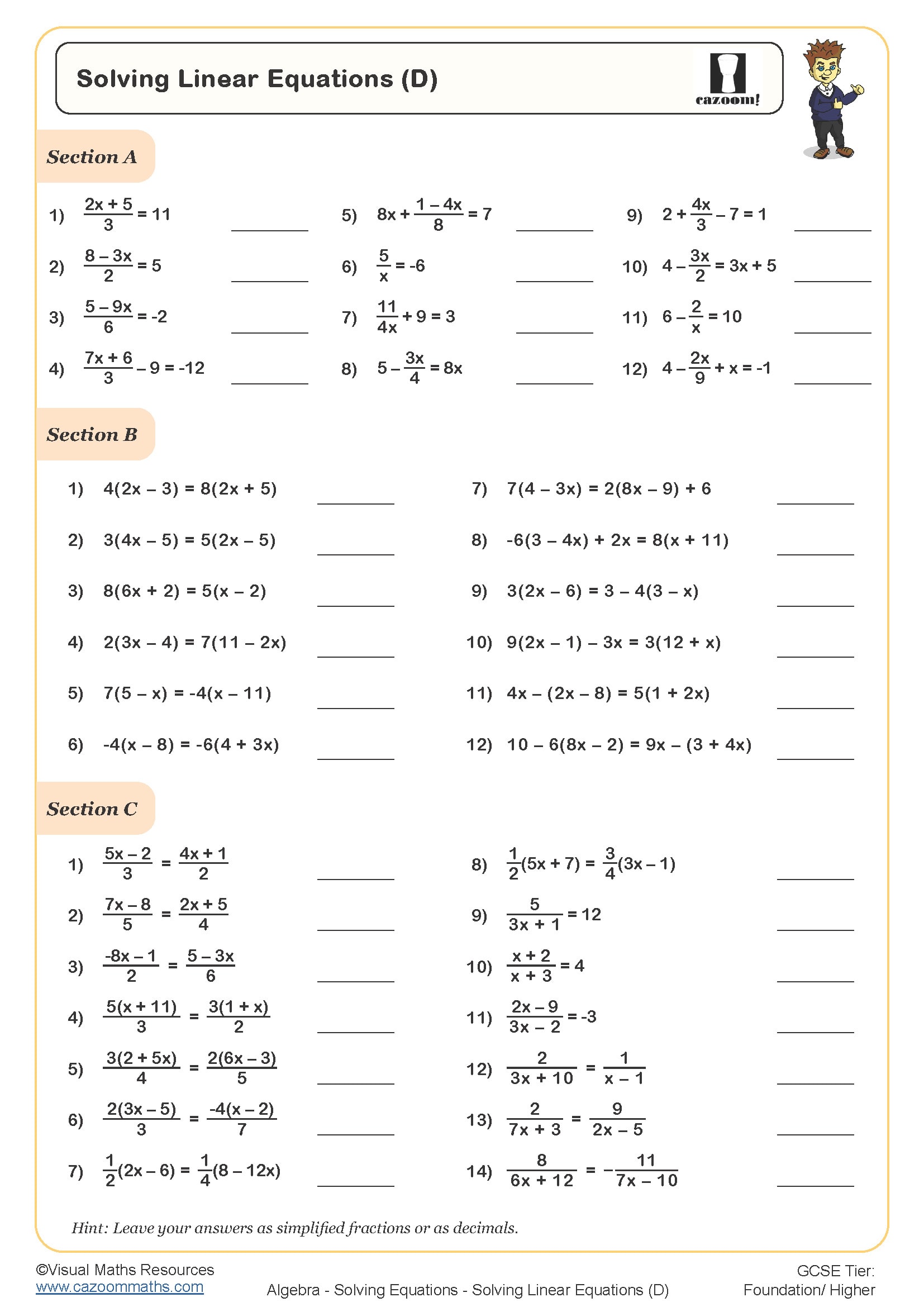 Solving Linear Equations D Worksheet