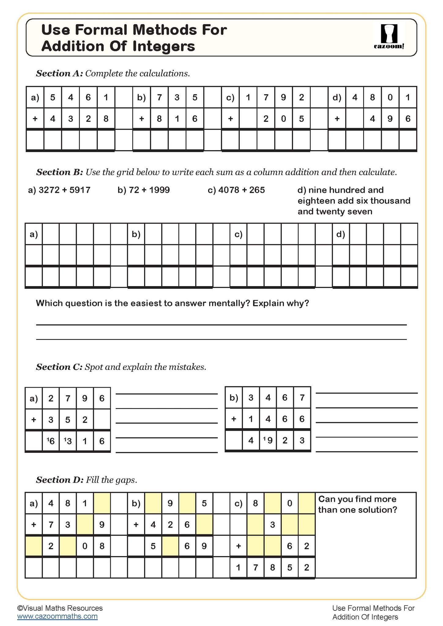 Use Formal Methods For Addition of Integers Free Worksheet | Fun and ...