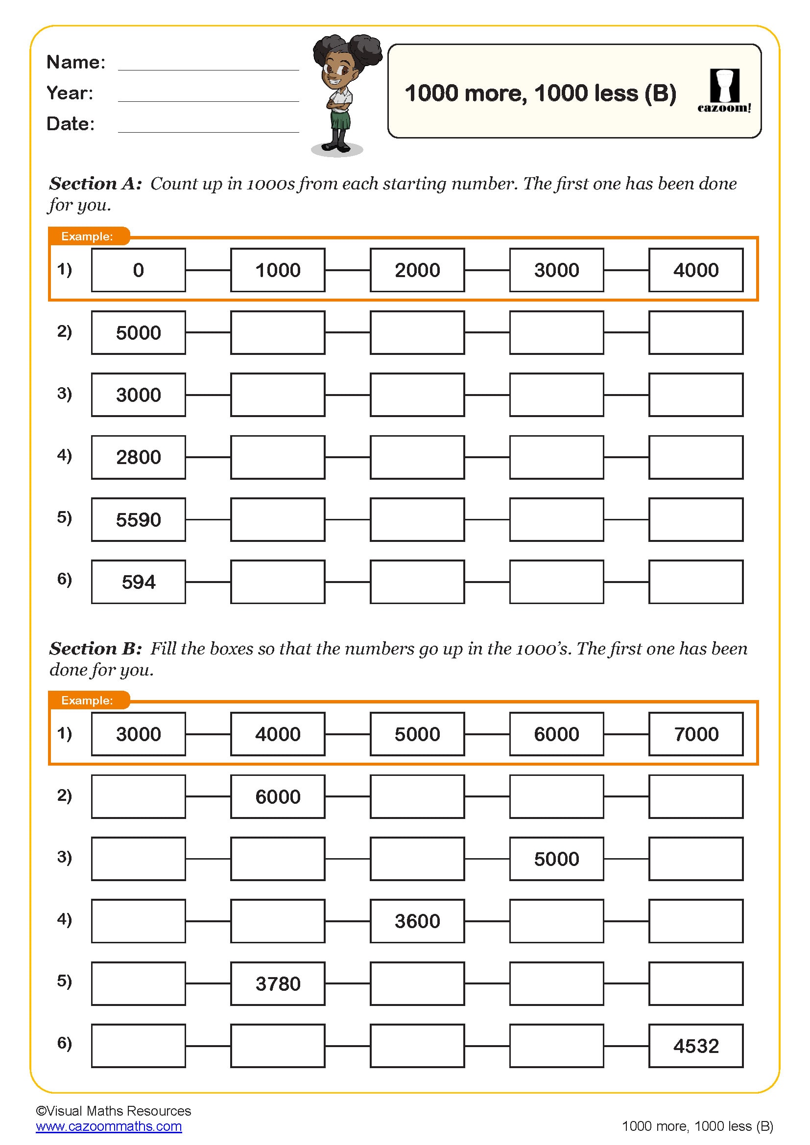 1000 More 1000 Less B Worksheet