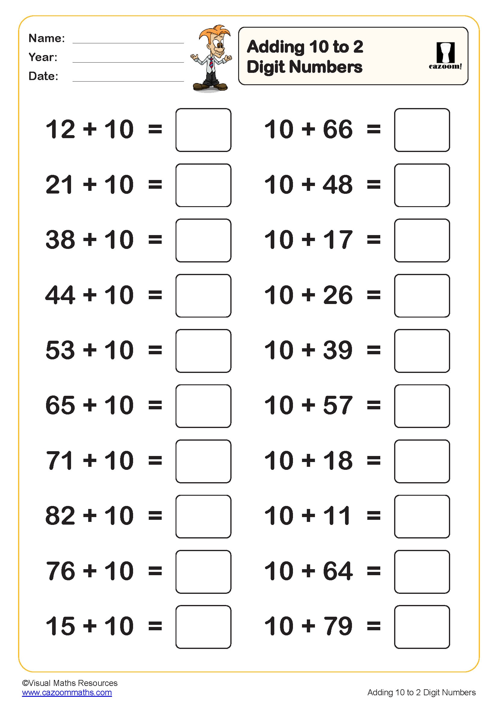 Adding 10 To 2 Digit Numbers 20 Questions Worksheet