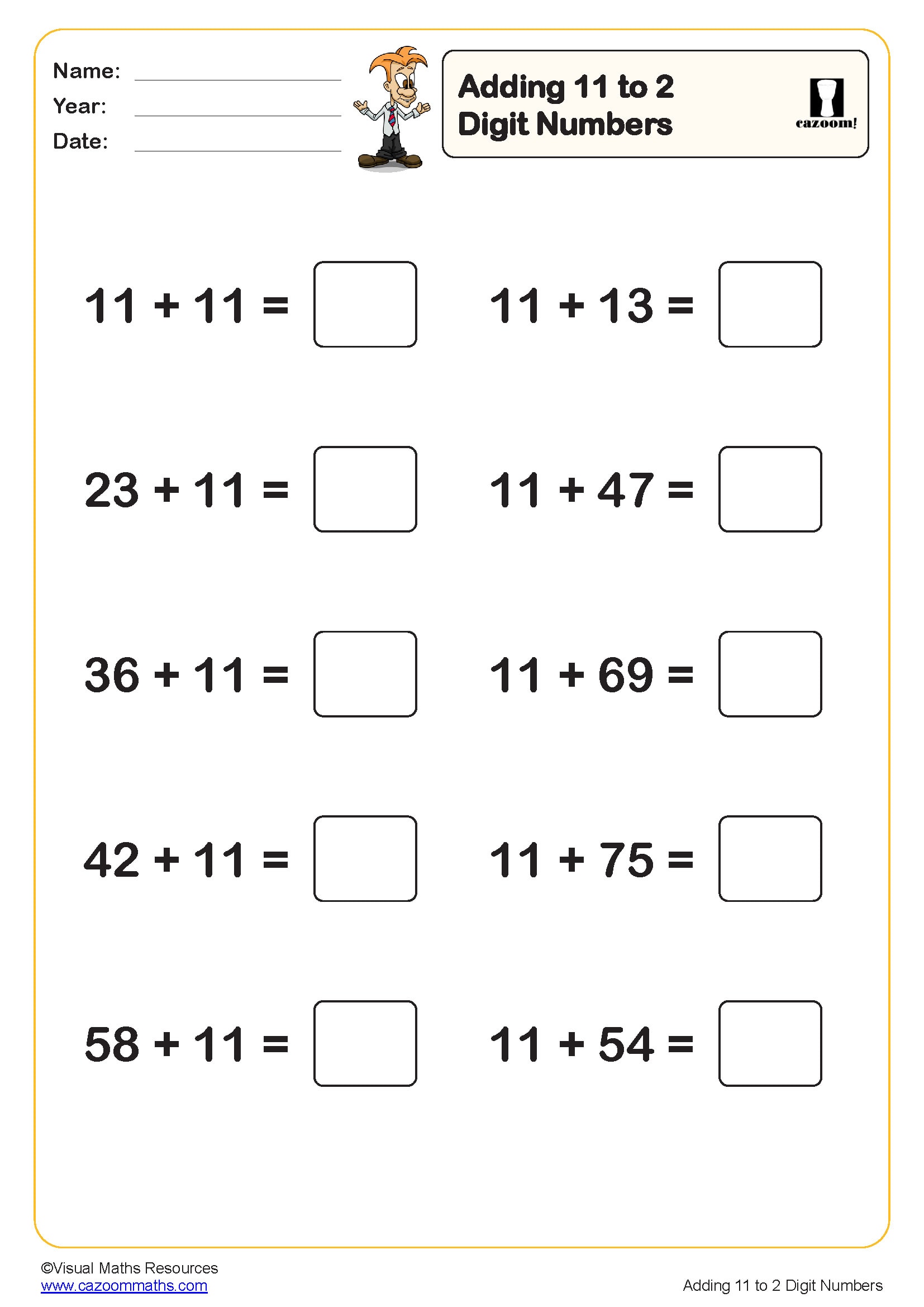 Adding 11 To 2 Digit Numbers 10 Questions Worksheet