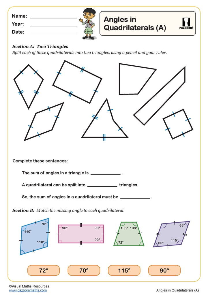 Angles In Quadrilaterals A Worksheet PDF Printable Geometry Worksheets
