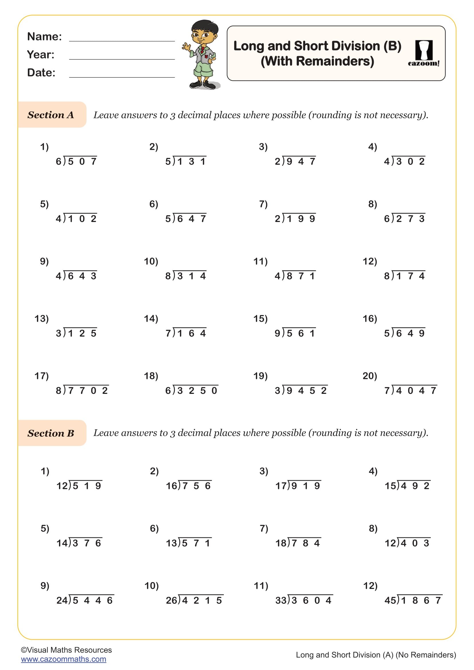 Cazoom Maths Number Long And Short Division B With Remainders