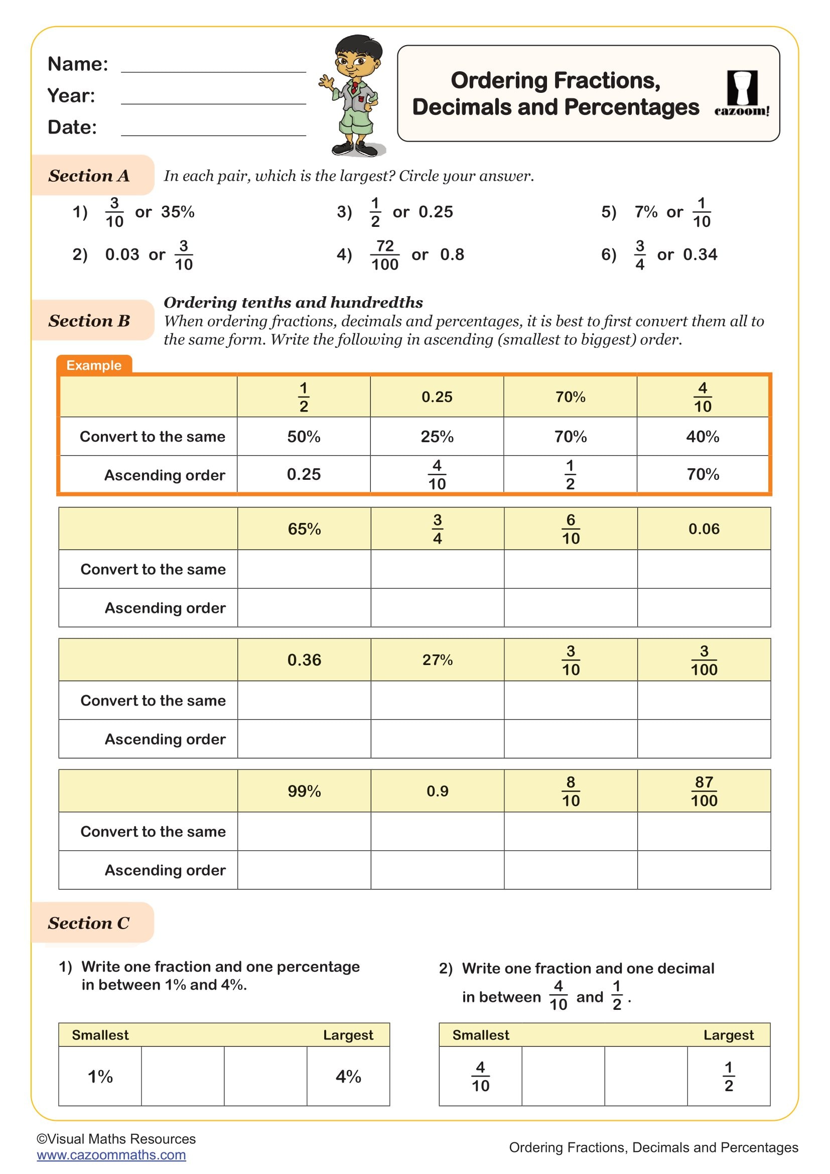 Preview of Ordering Fractions, Decimals and Percentages