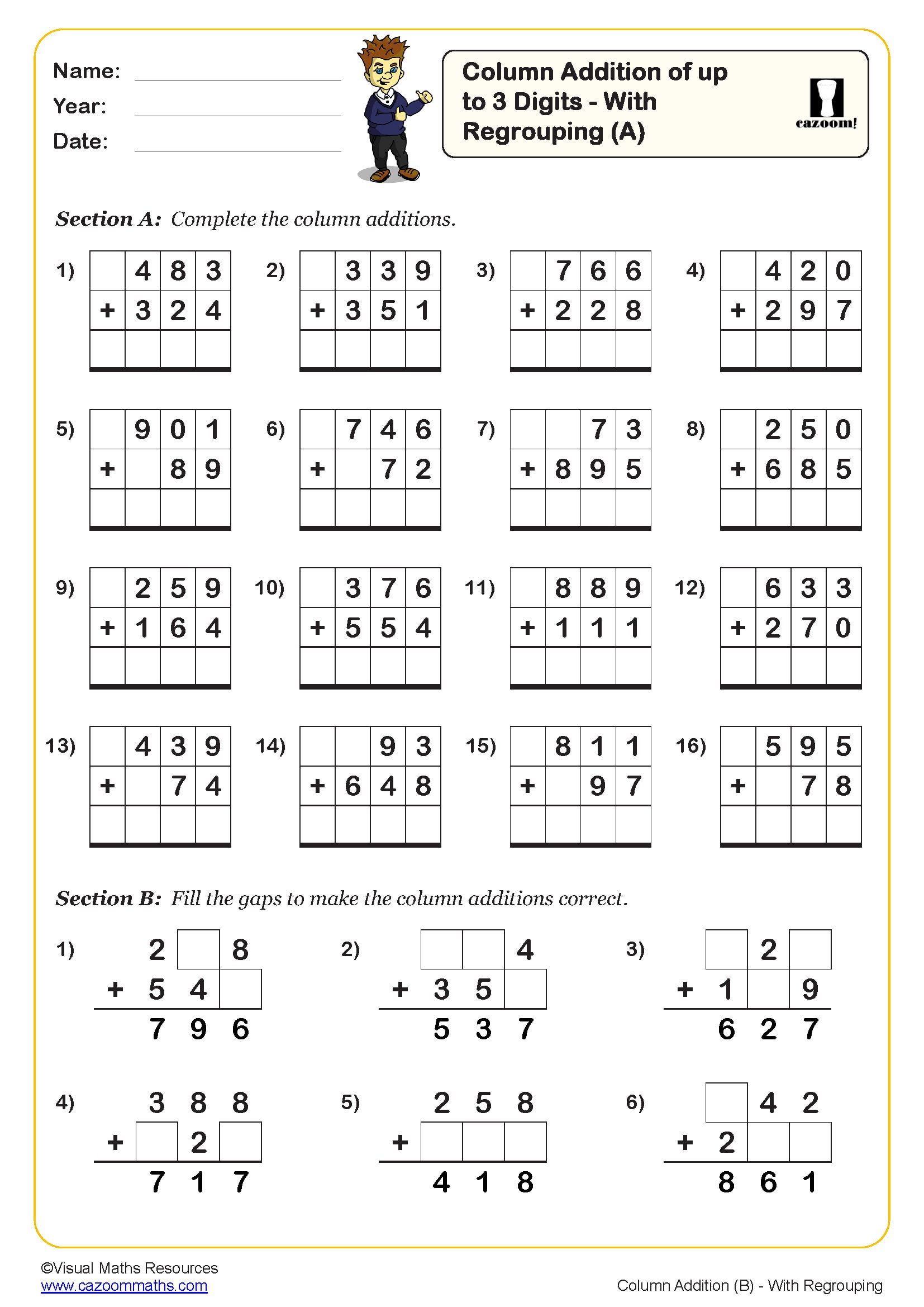 Preview of Column Addition of up to 3 Digits - With Regrouping (A)