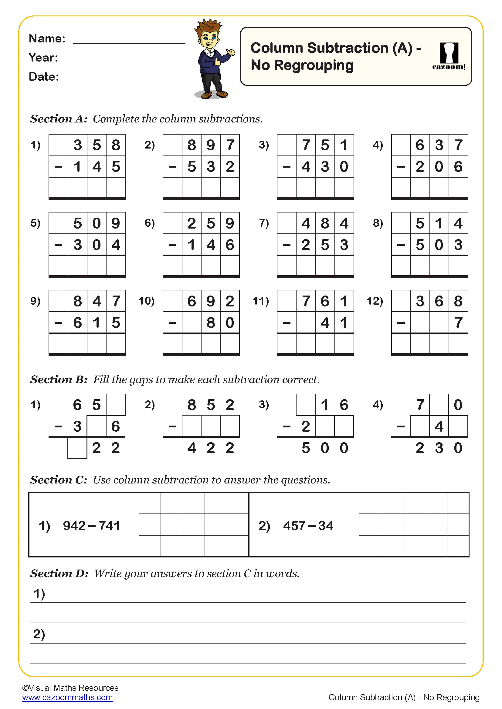 Preview of Column Subtraction (A)