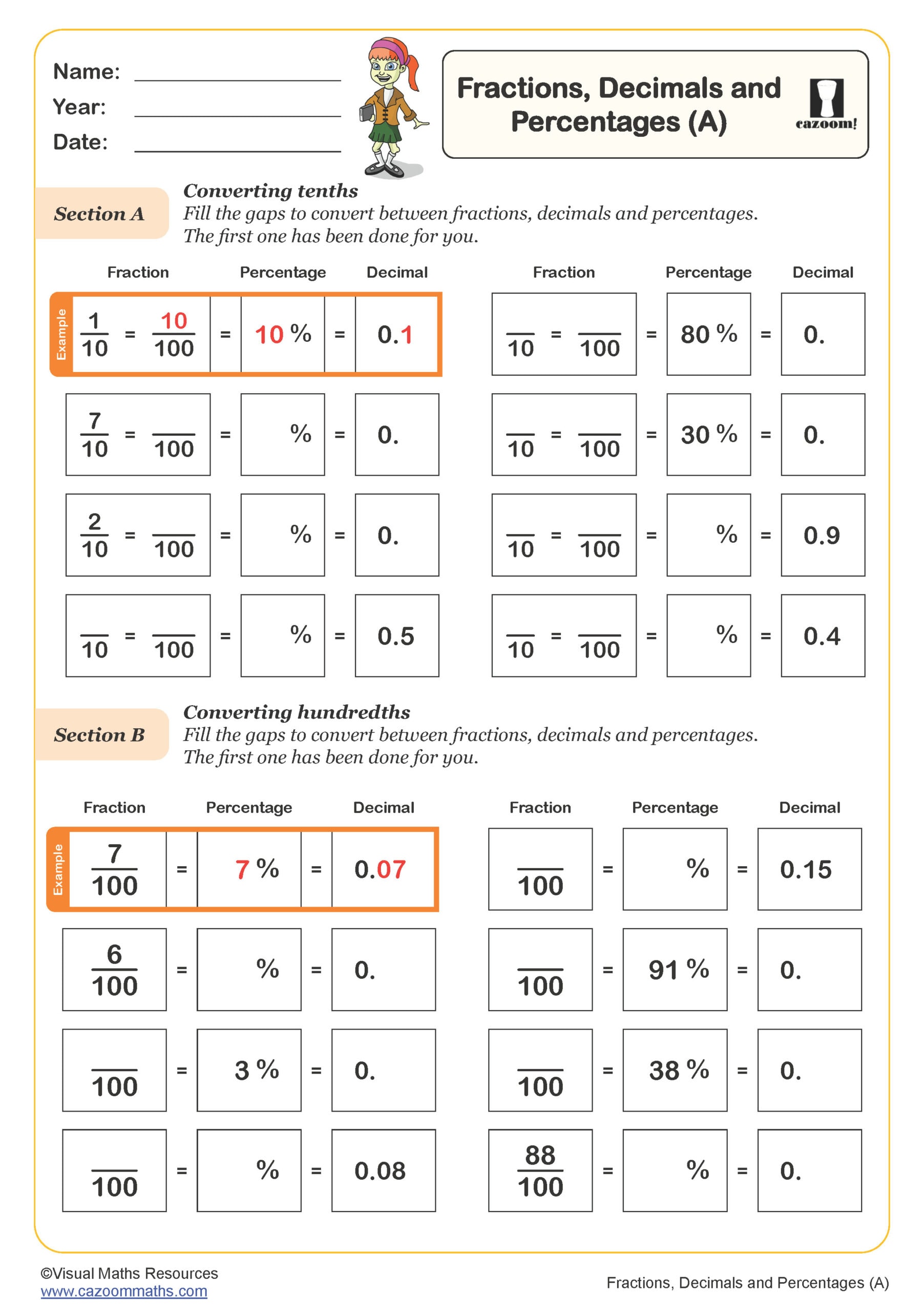 Preview of Fractions, Decimals and Percentages (A)