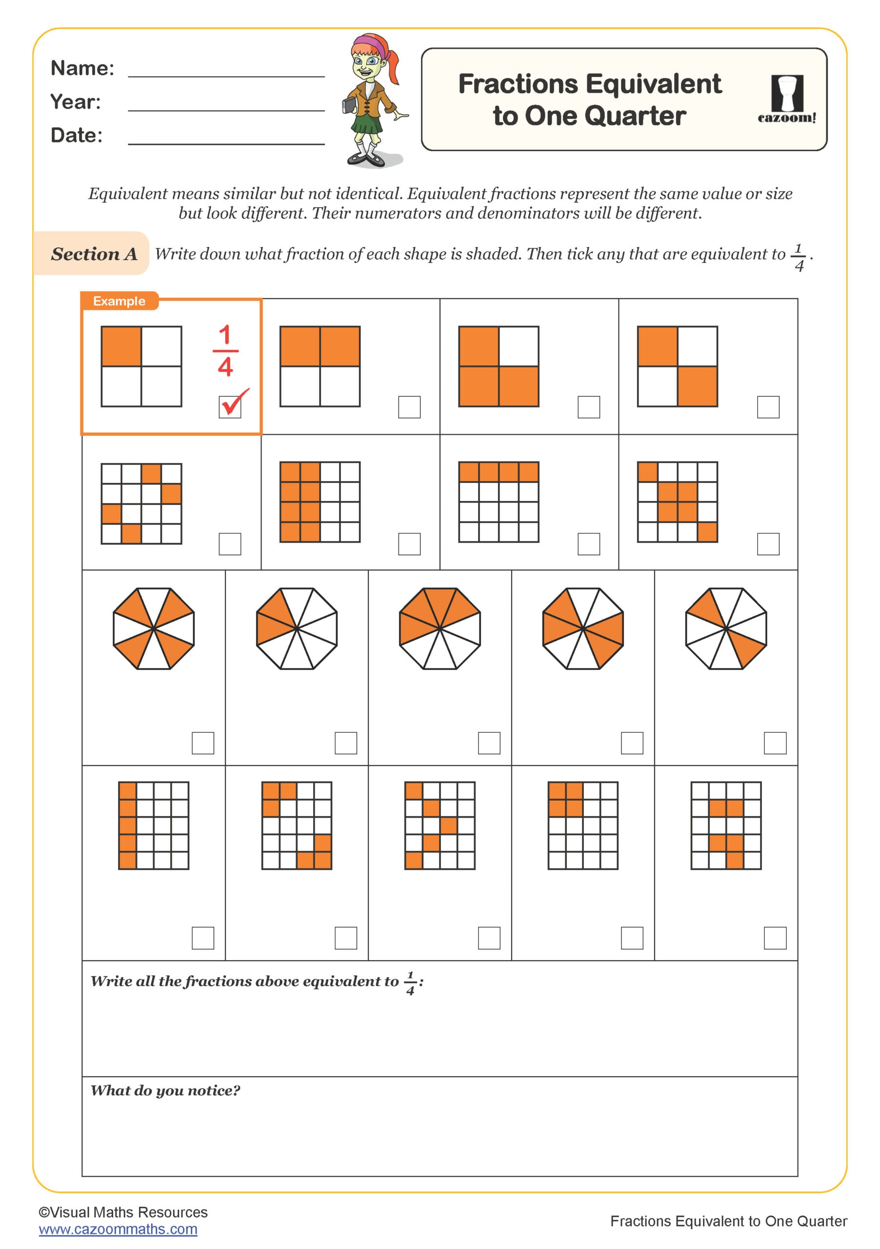 Preview of Fractions Equivalent to One Quarter