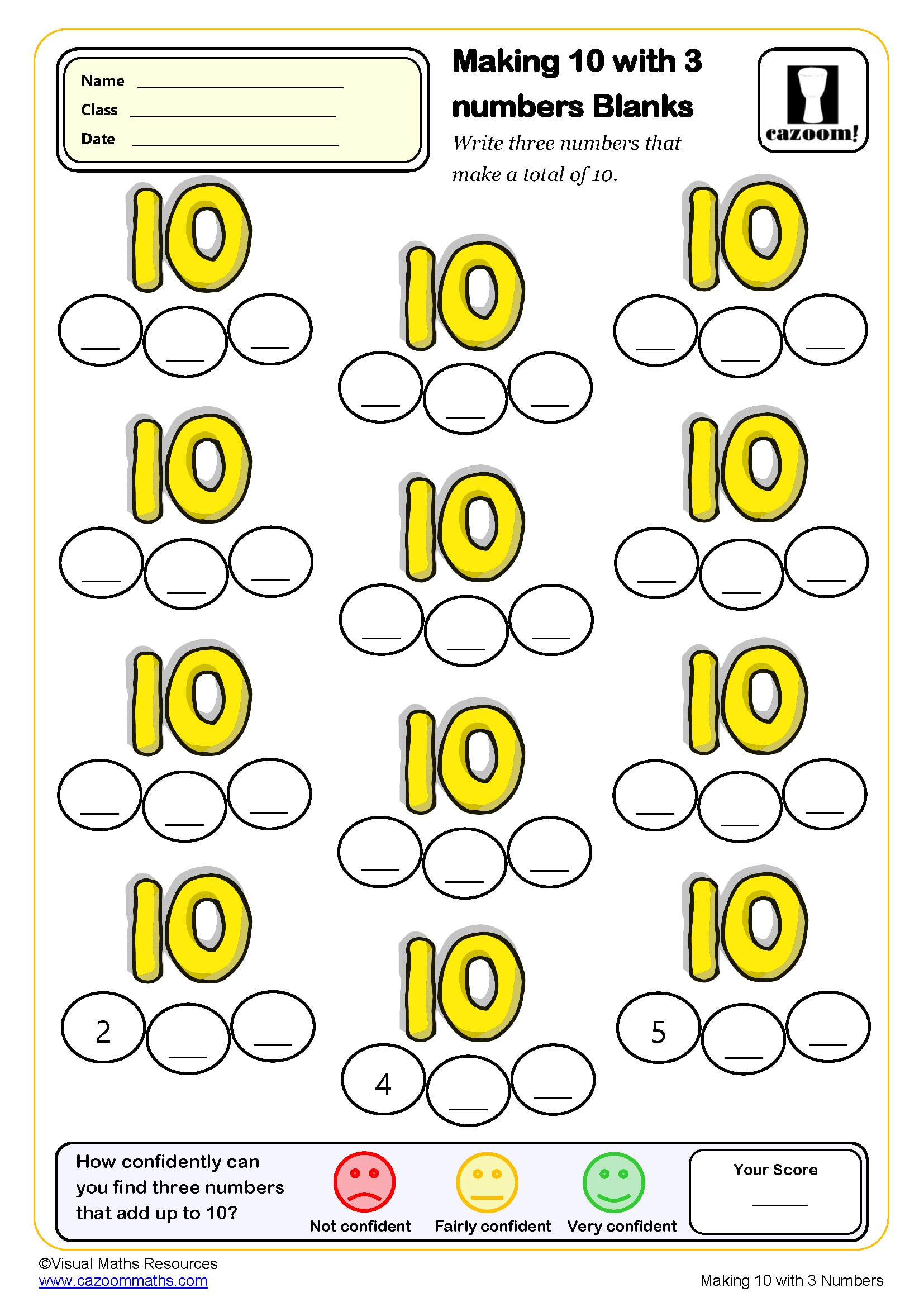 Making 10 With 3 Numbers Blanks Worksheet