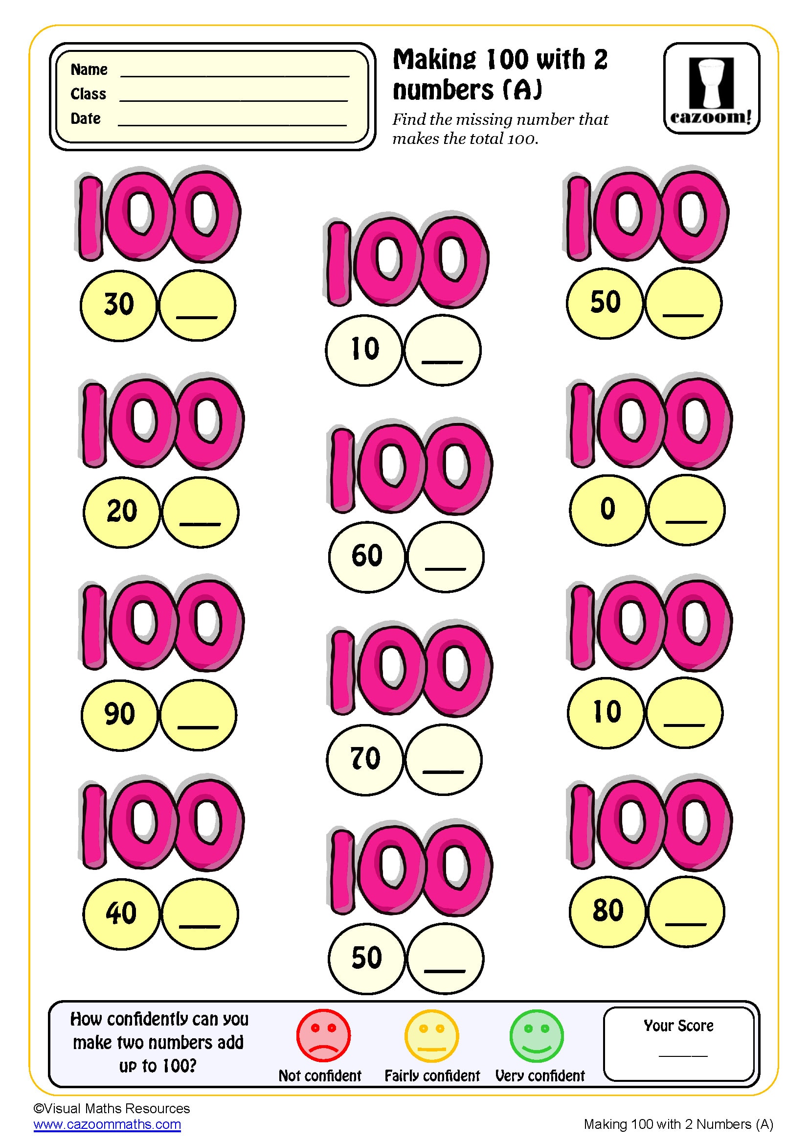 Preview of Making 100 with 2 Numbers (A) (Multiples of 10)