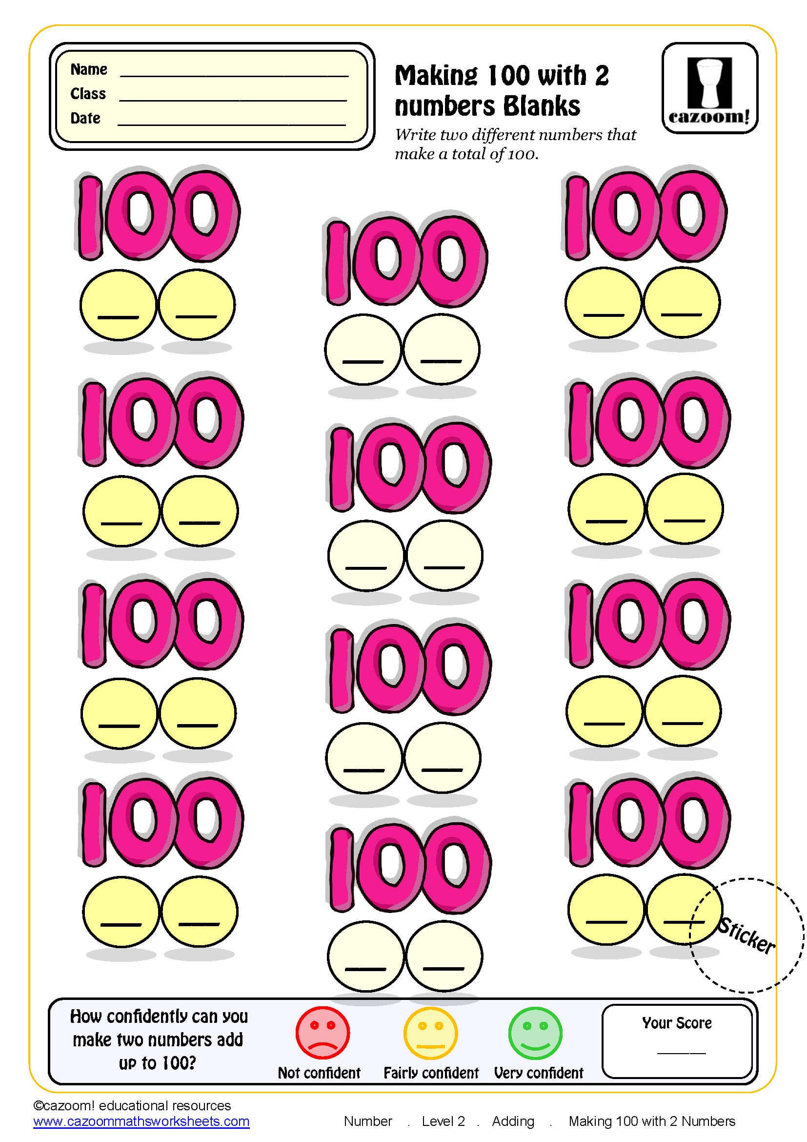 Preview of Making 100 with 2 numbers (blanks)