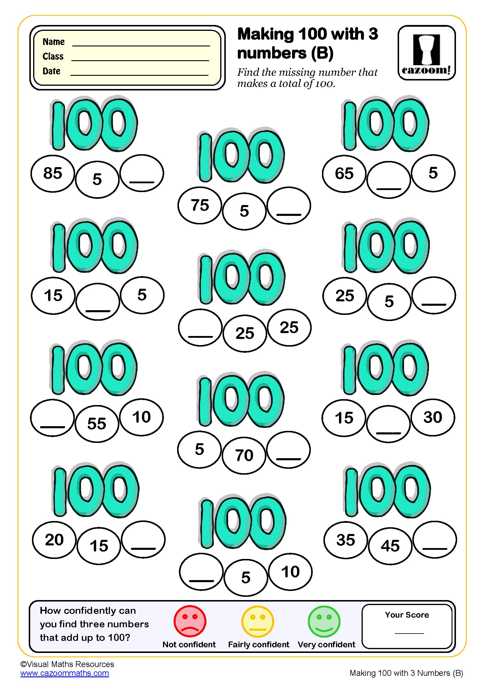Preview of Making 100 with 3 numbers (B) (Multiples of 5)
