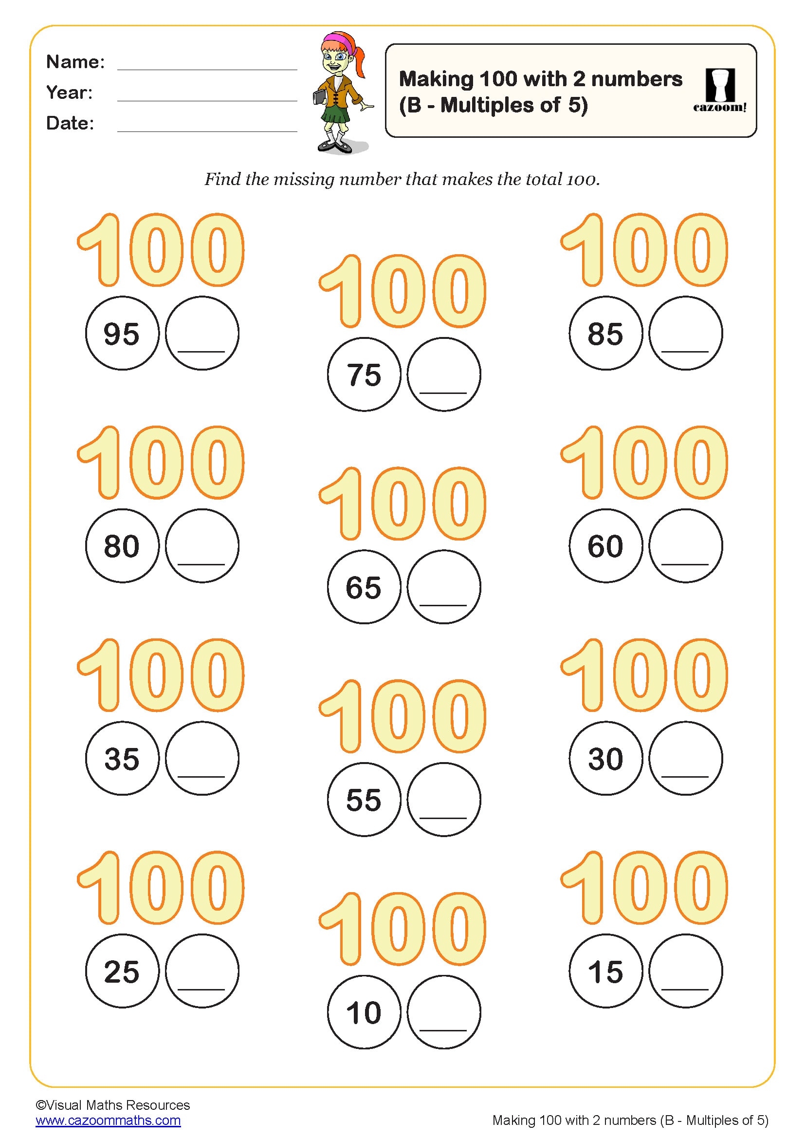 Preview of Making 100 with 2 numbers (B) (Multiples of 5)