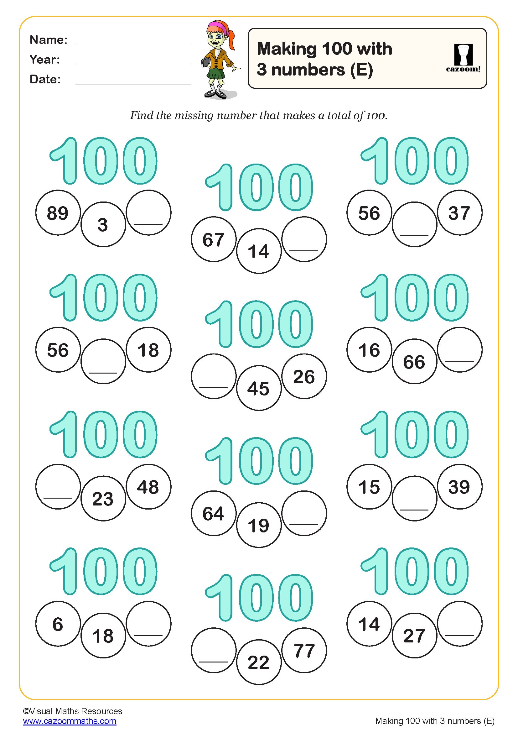 Preview of Making 100 with 3 numbers (E) (With regrouping)