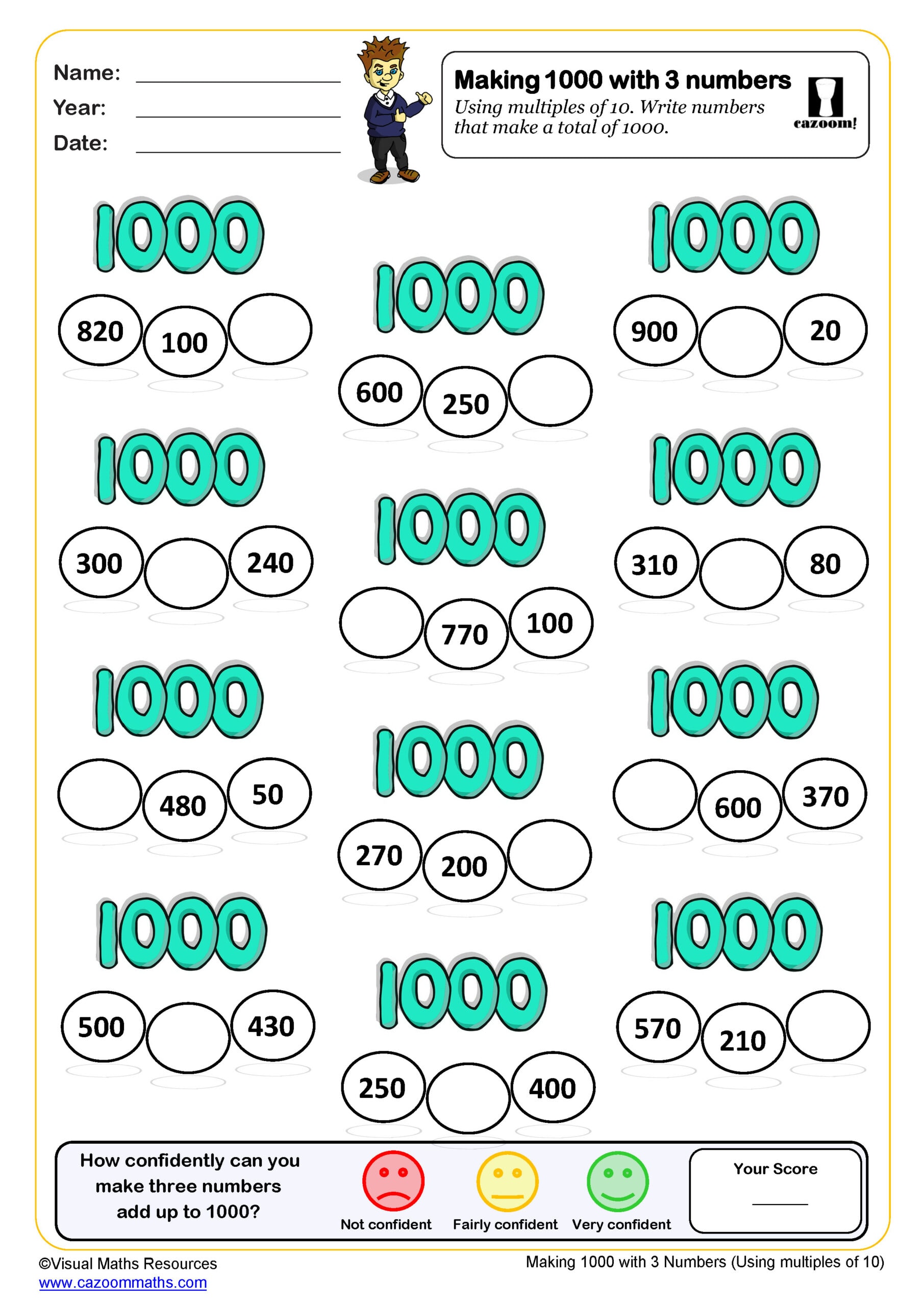 Preview of Making 1000 with 3 numbers using multiples of 10