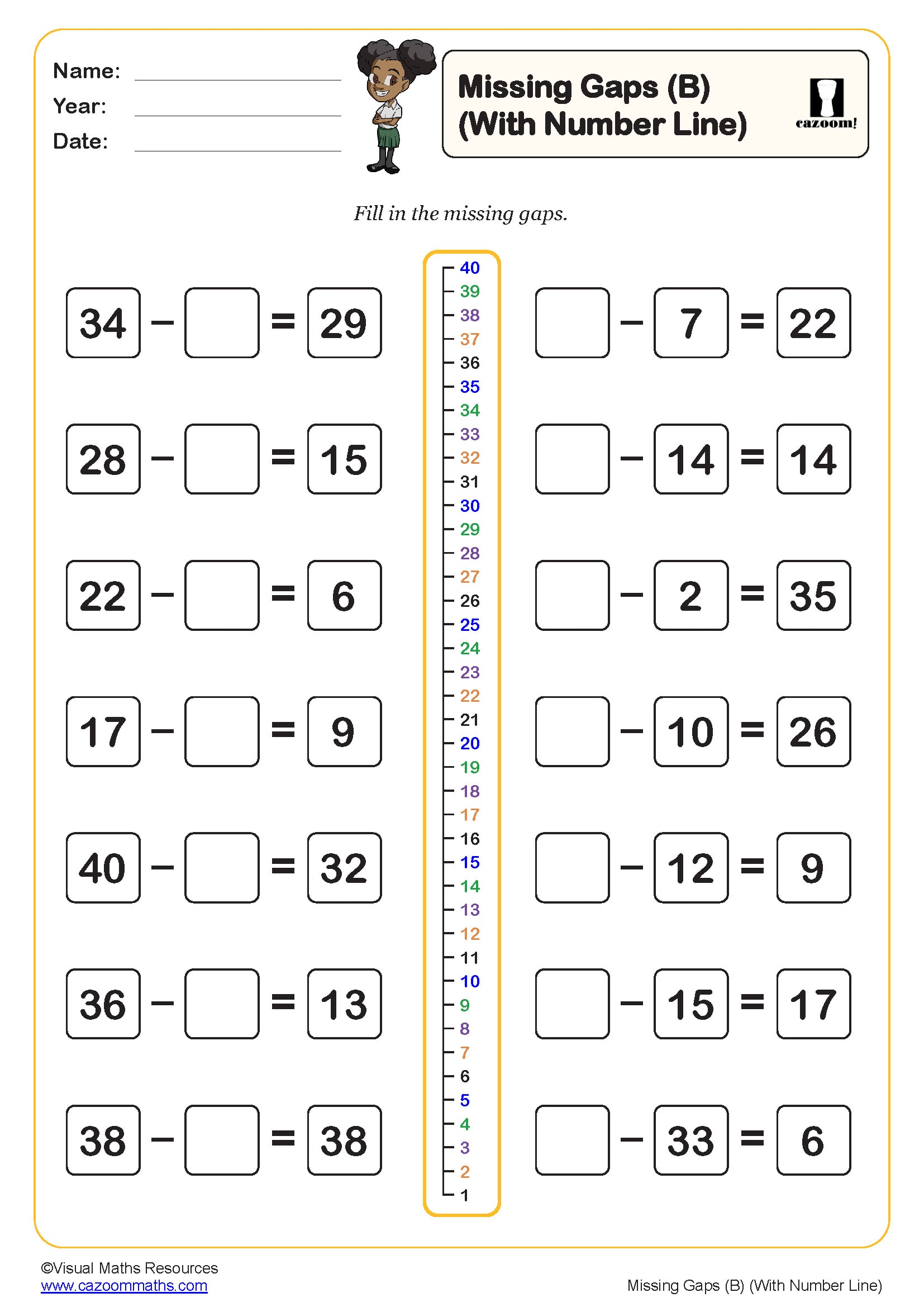 Missing Gaps B With Number Line Worksheet