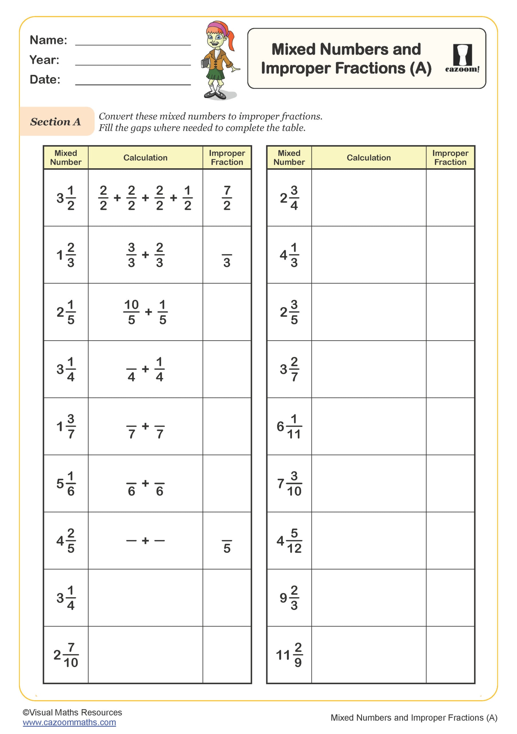 Preview of Mixed Numbers and Improper Fractions (A)
