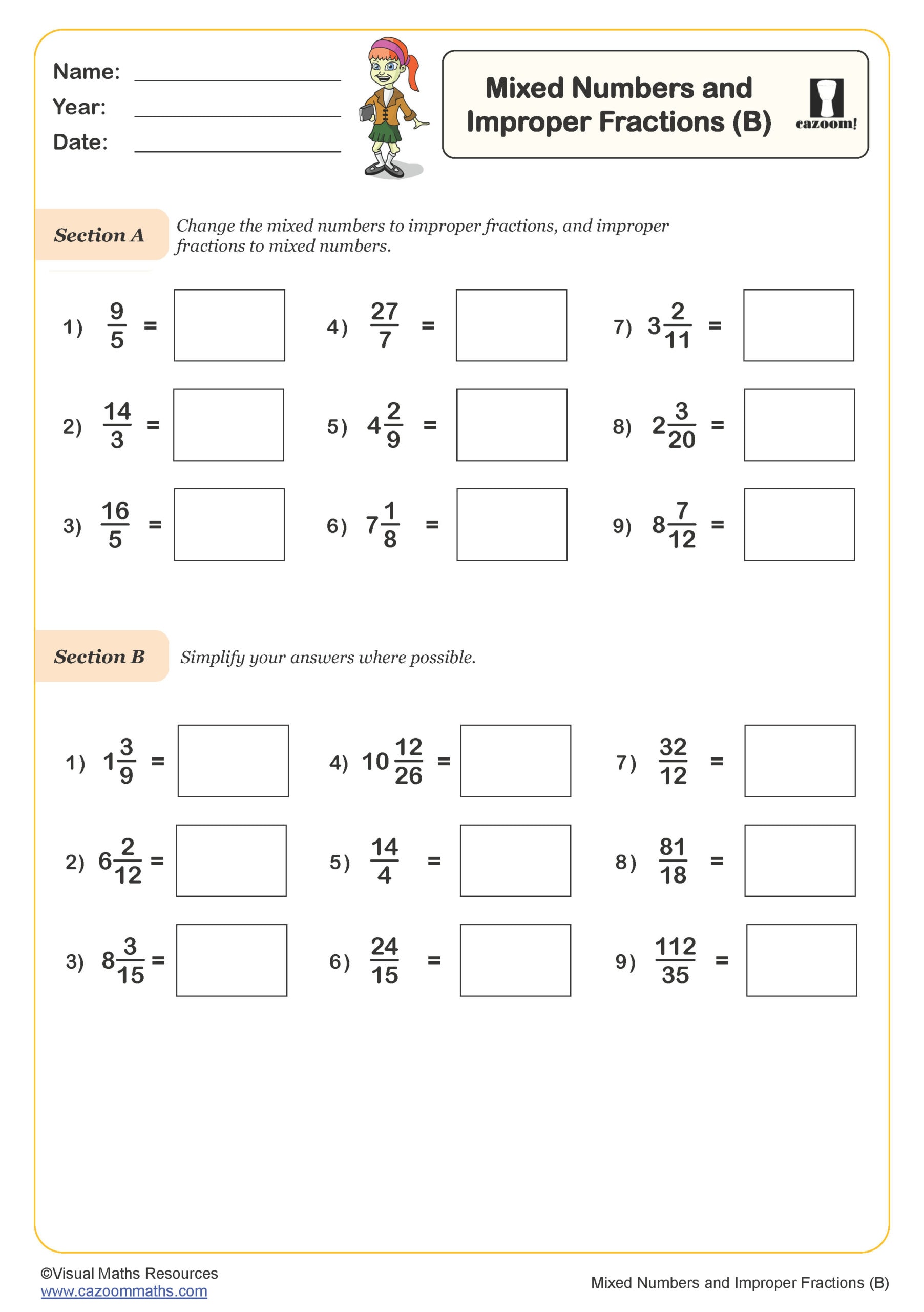 Preview of Mixed Numbers and Improper Fractions (B)