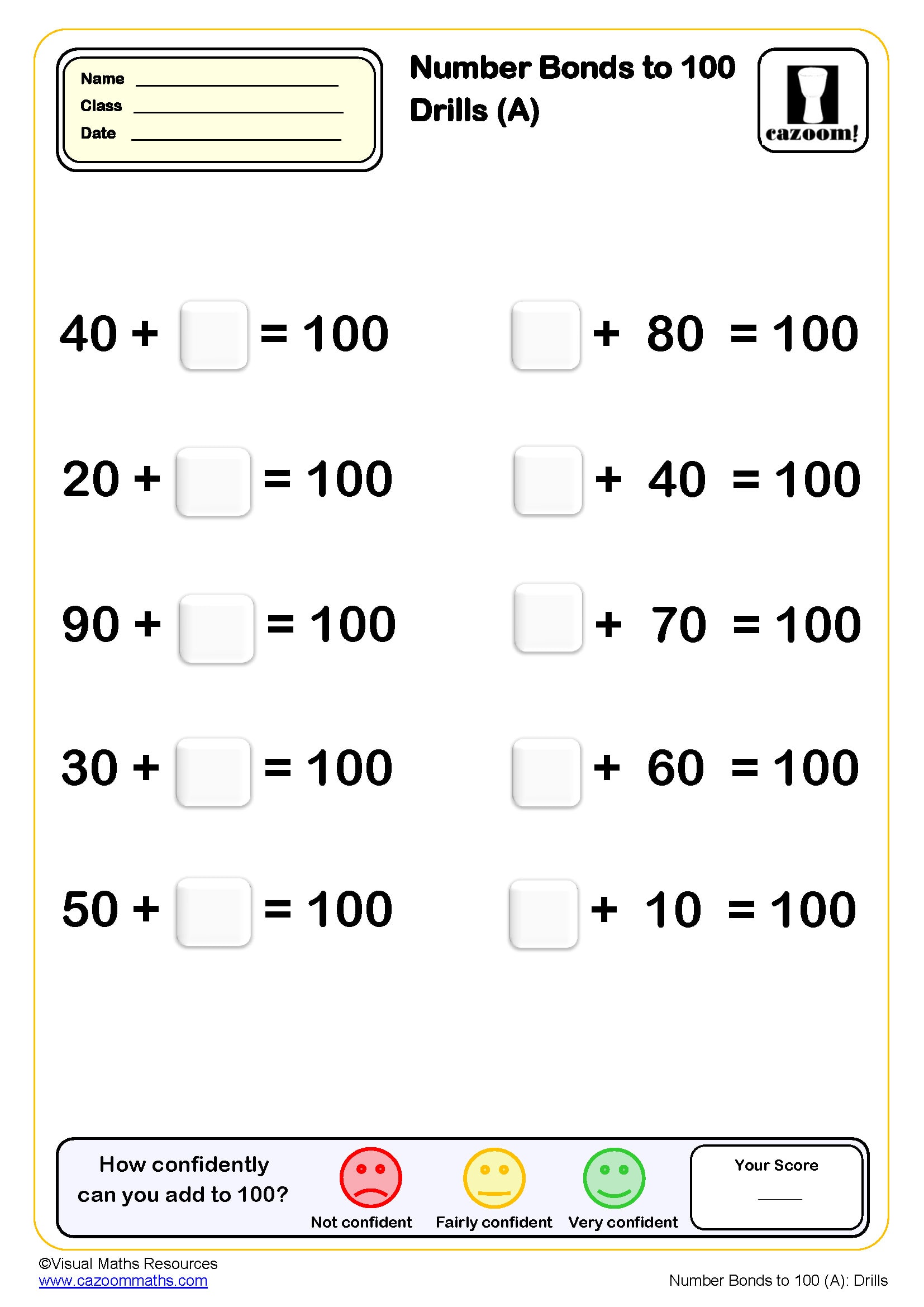 Number Bonds To 100 Drills A 10 Questions Worksheet
