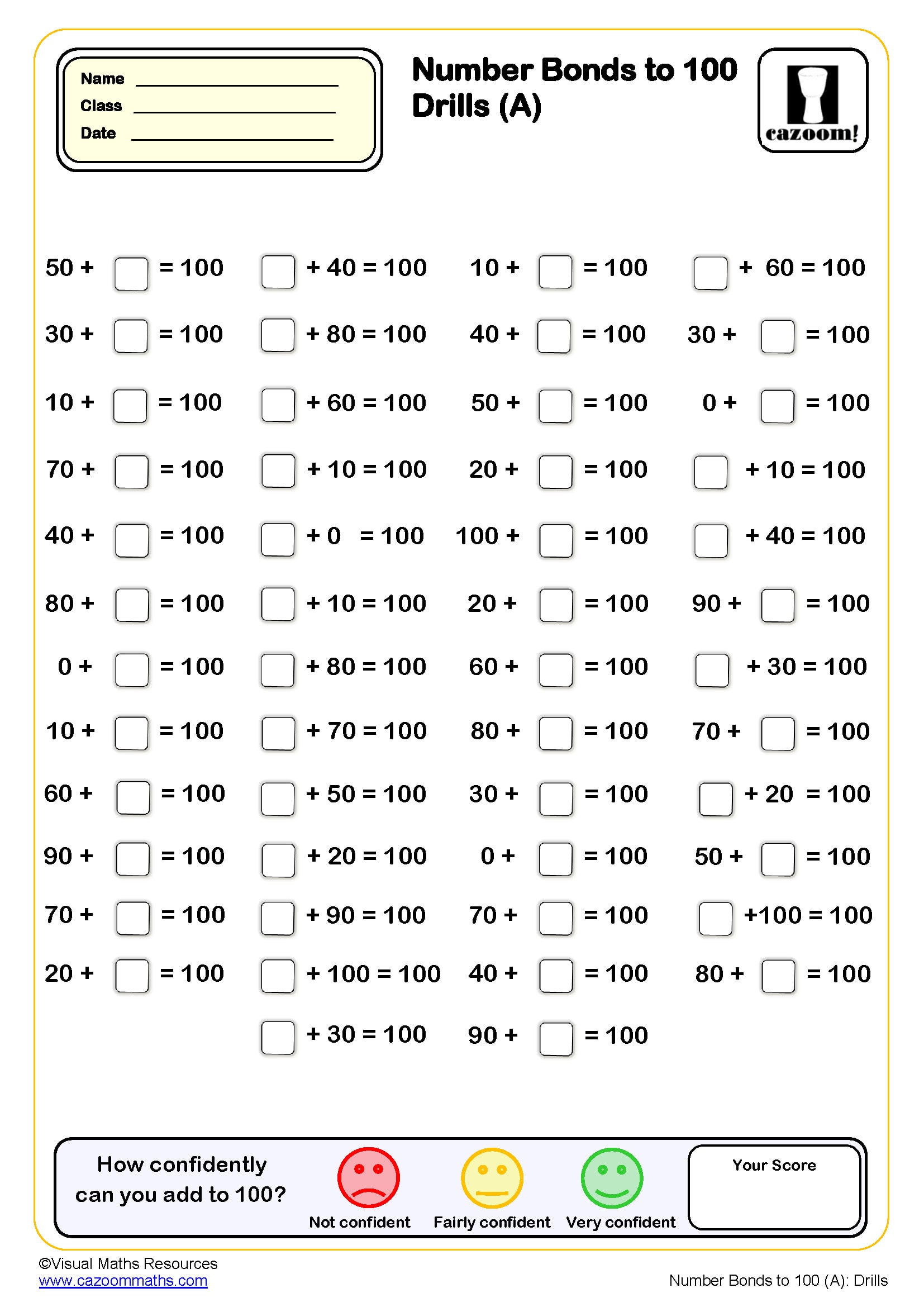 Preview of Number bond to 100 Drills (A) (50 questions)