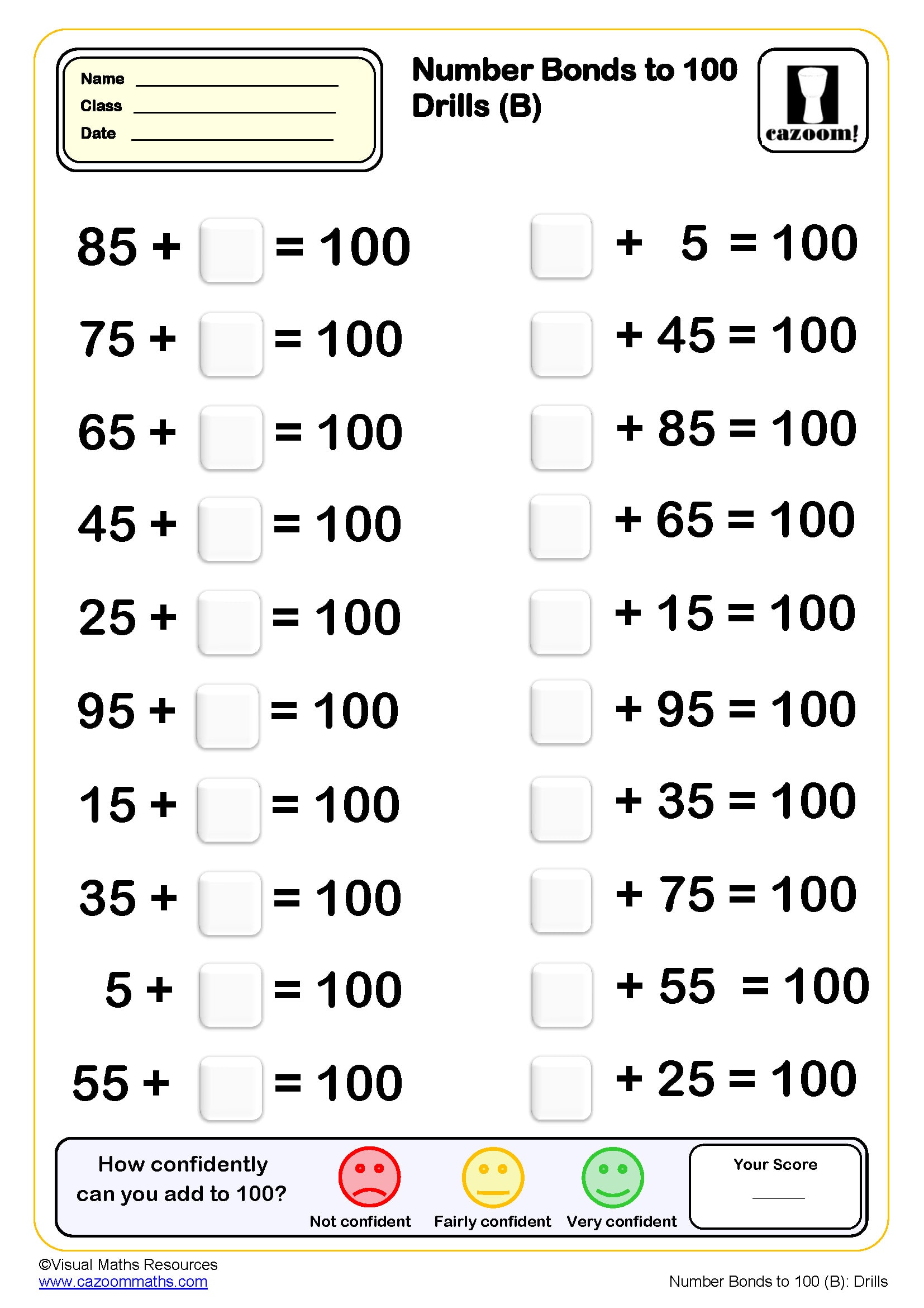 Preview of Number bond to 100 Drills (B) (20 questions)