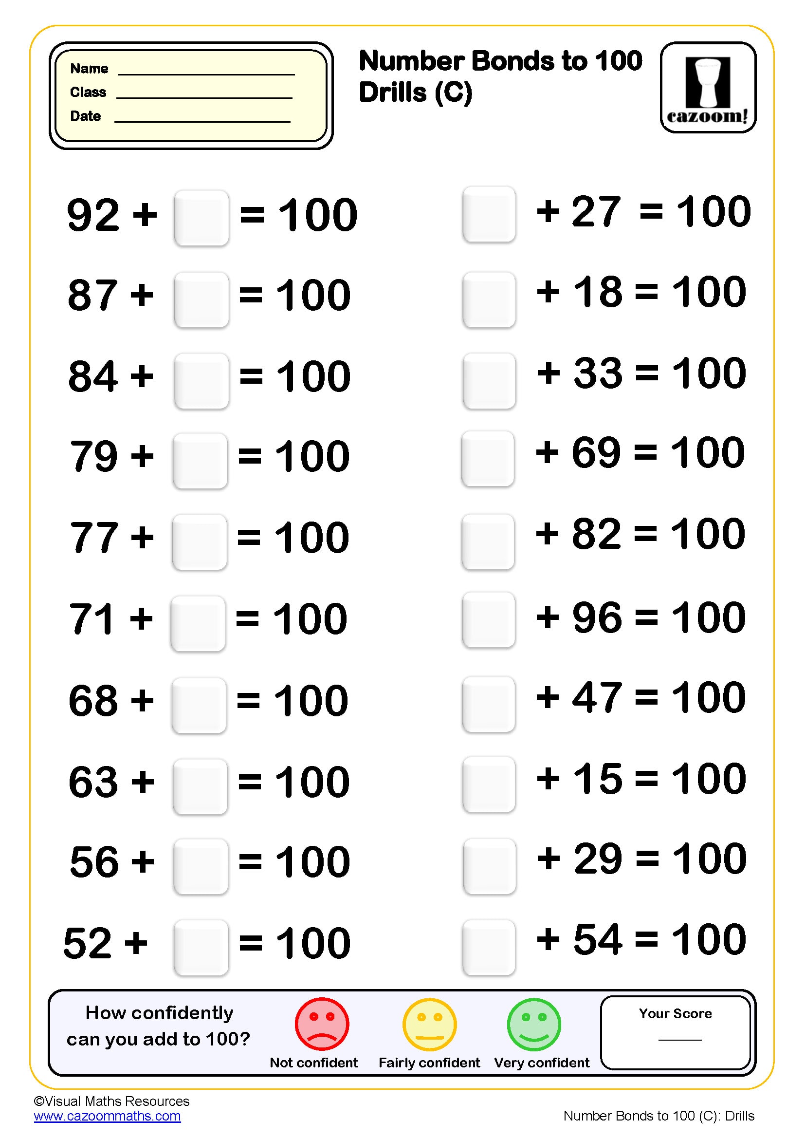 Preview of Number bond to 100 Drills (C) (20 questions)