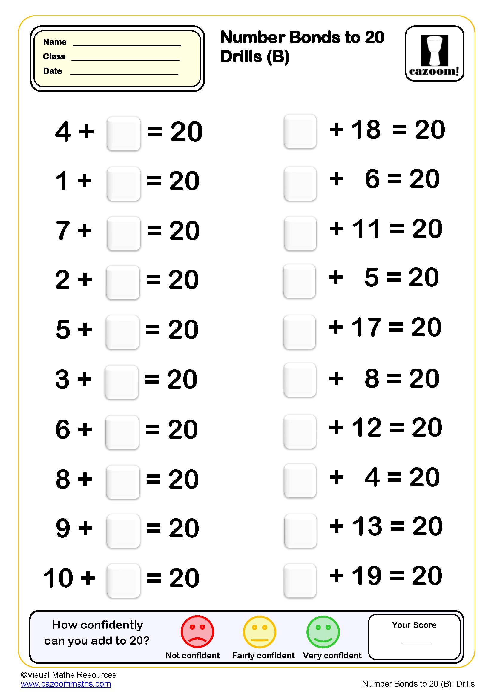 Number Bonds To 20 Drills B 20 Questions Worksheet