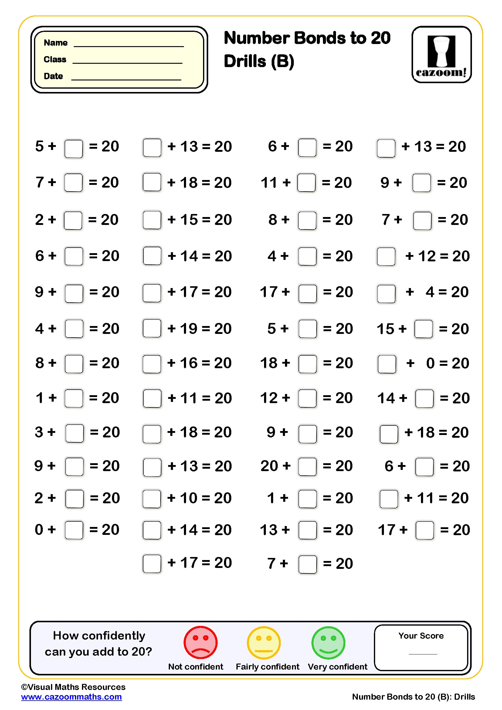 Number Bonds To 20 Drills B 50 Questions Worksheet