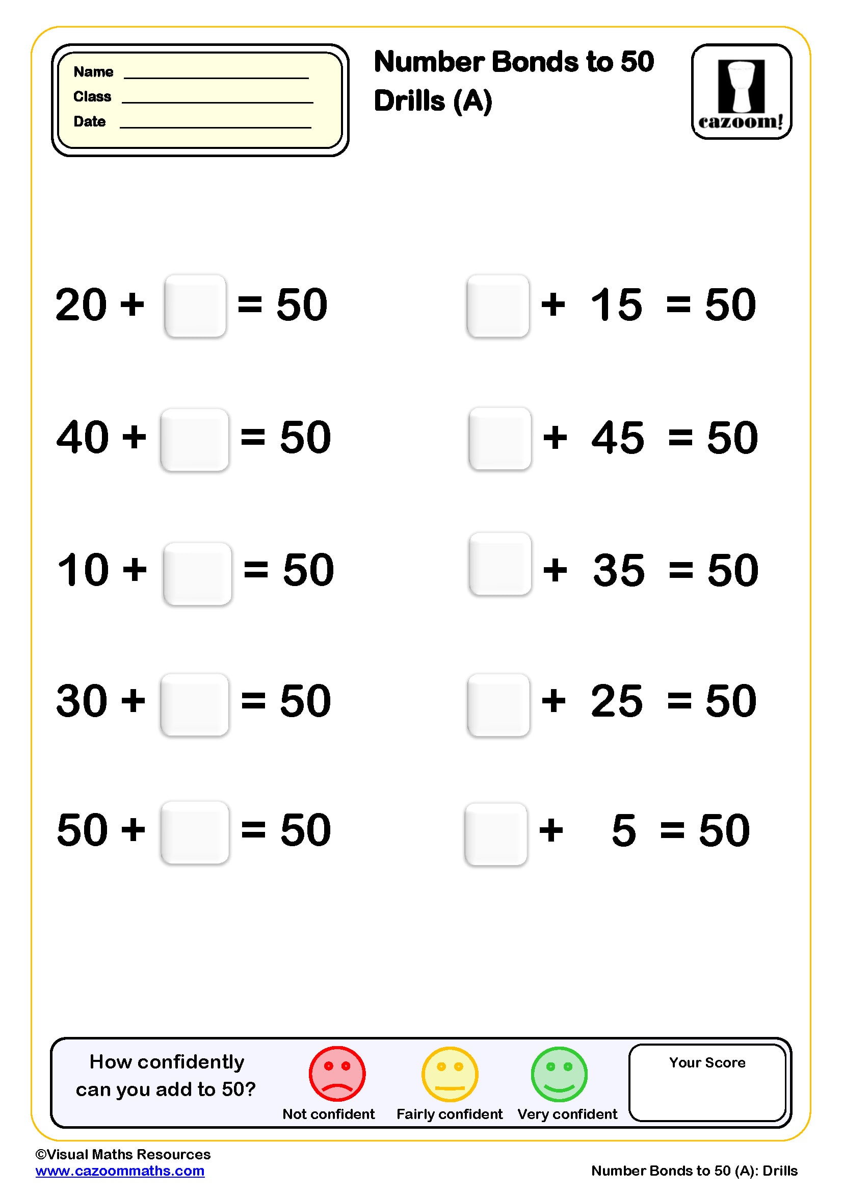 Preview of Number bond to 50 Drills (A) (10 questions)