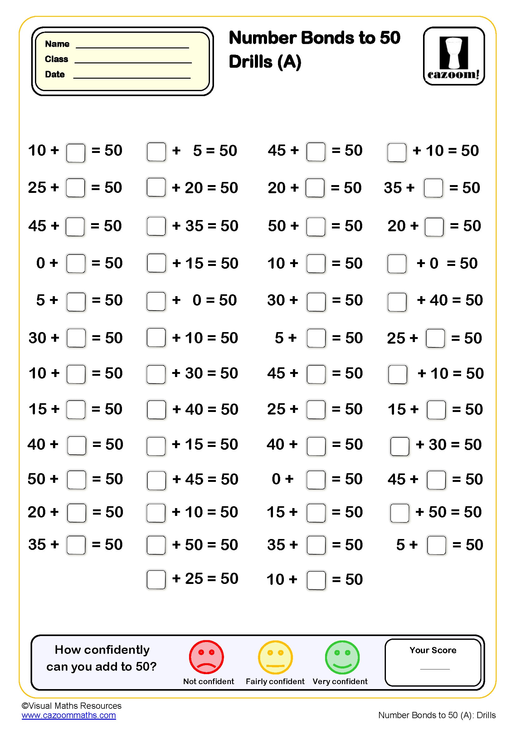 Preview of Number bond to 50 Drills (A) (50 questions)