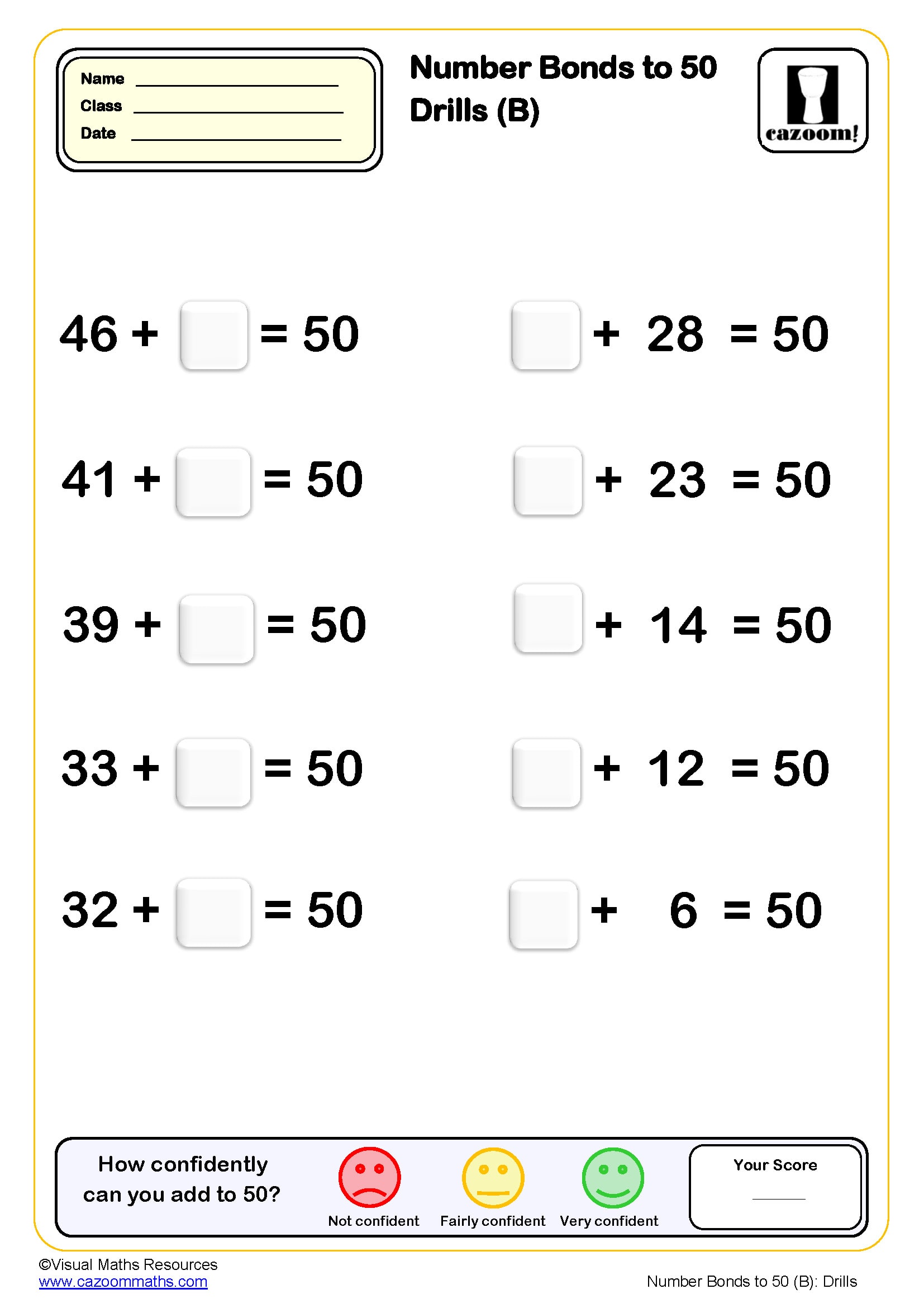 Preview of Number bond to 50 Drills (B) (10 questions)