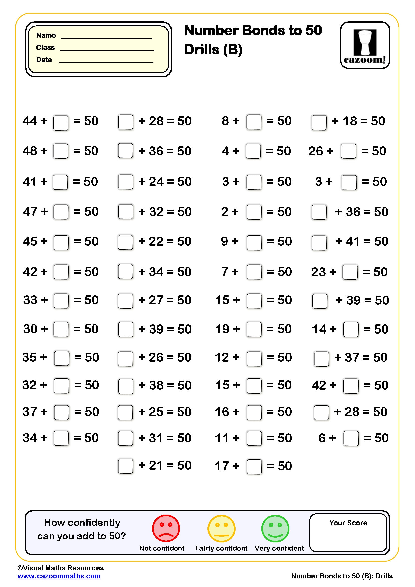 Preview of Number bond to 50 Drills (B) (50 questions)