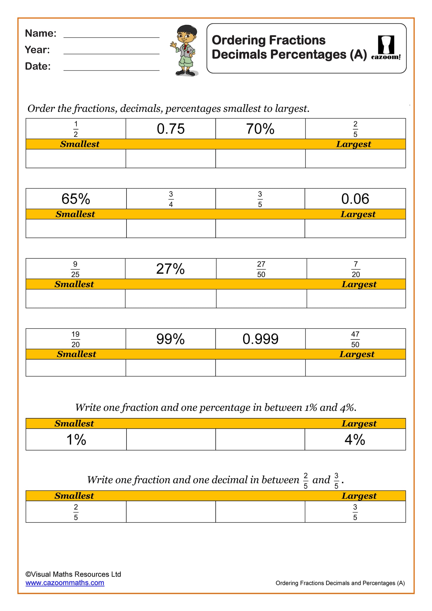 Ordering Fractions Decimals And Percentages A Worksheet Fun And