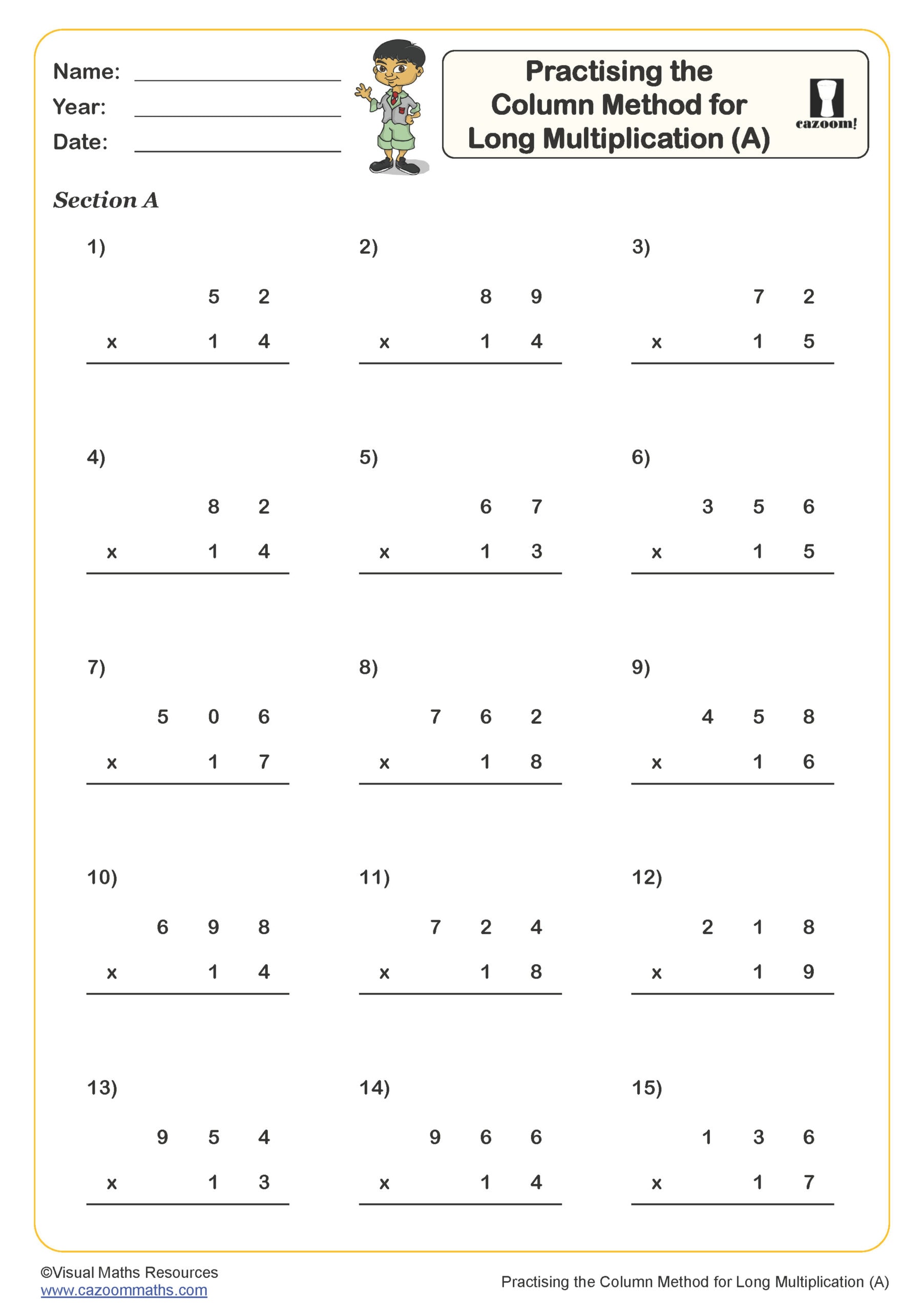 Preview of Practising the Column Method for Long Multiplication (A)
