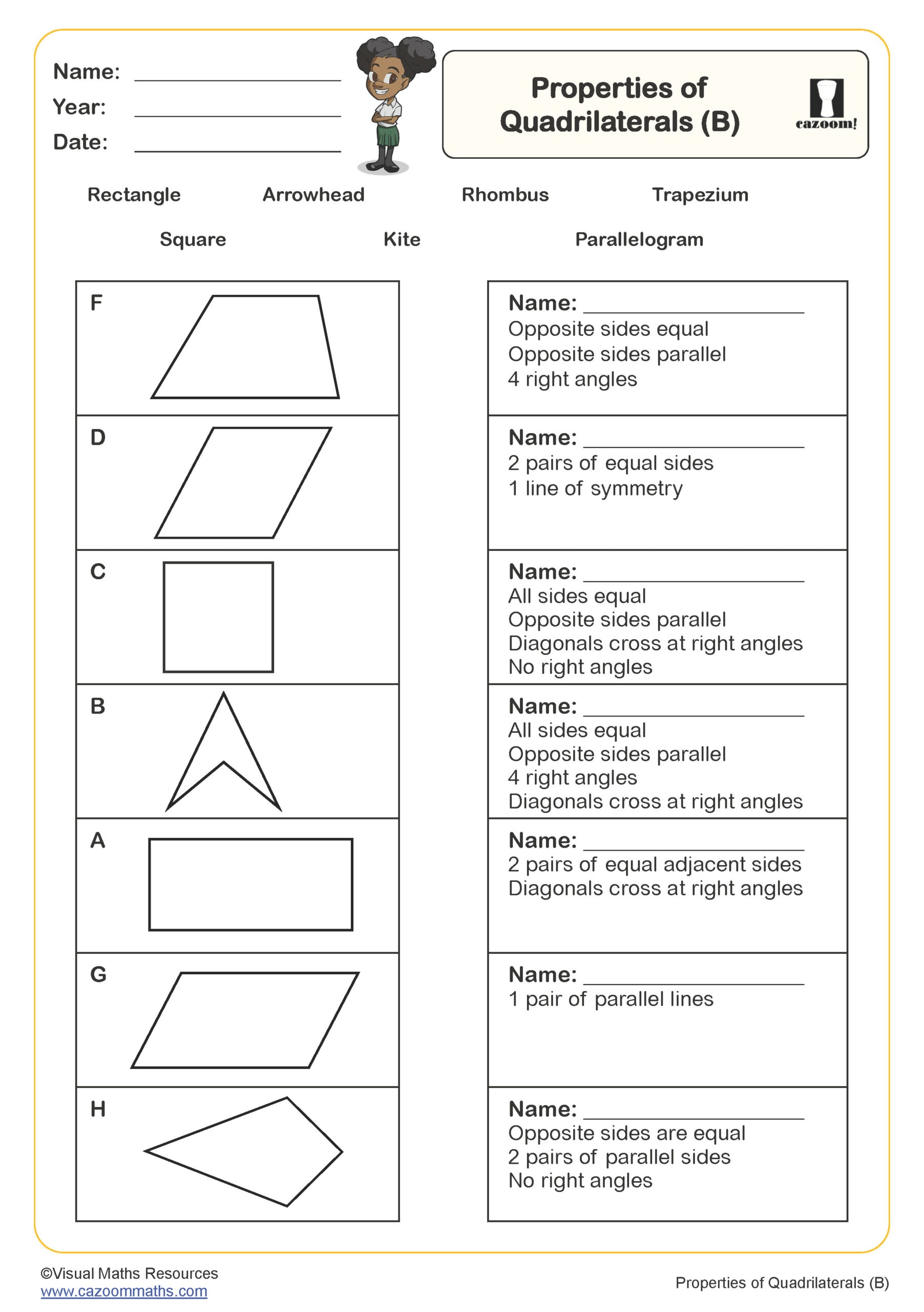 Properties Of Quadrilaterals B Worksheet PDF Printable Geometry