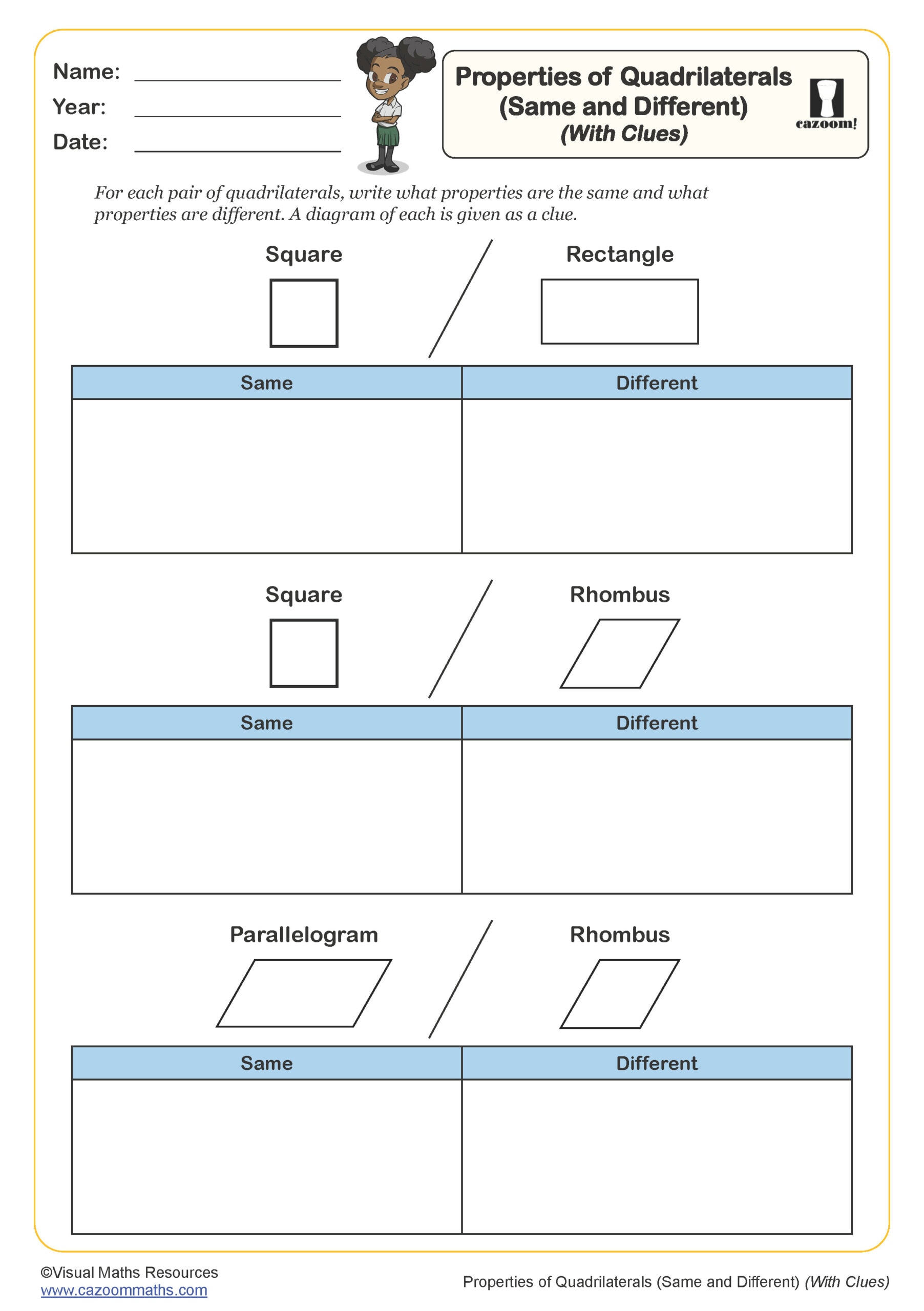 Preview of Properties of Quadrilaterals (Same and Different) (with clues)