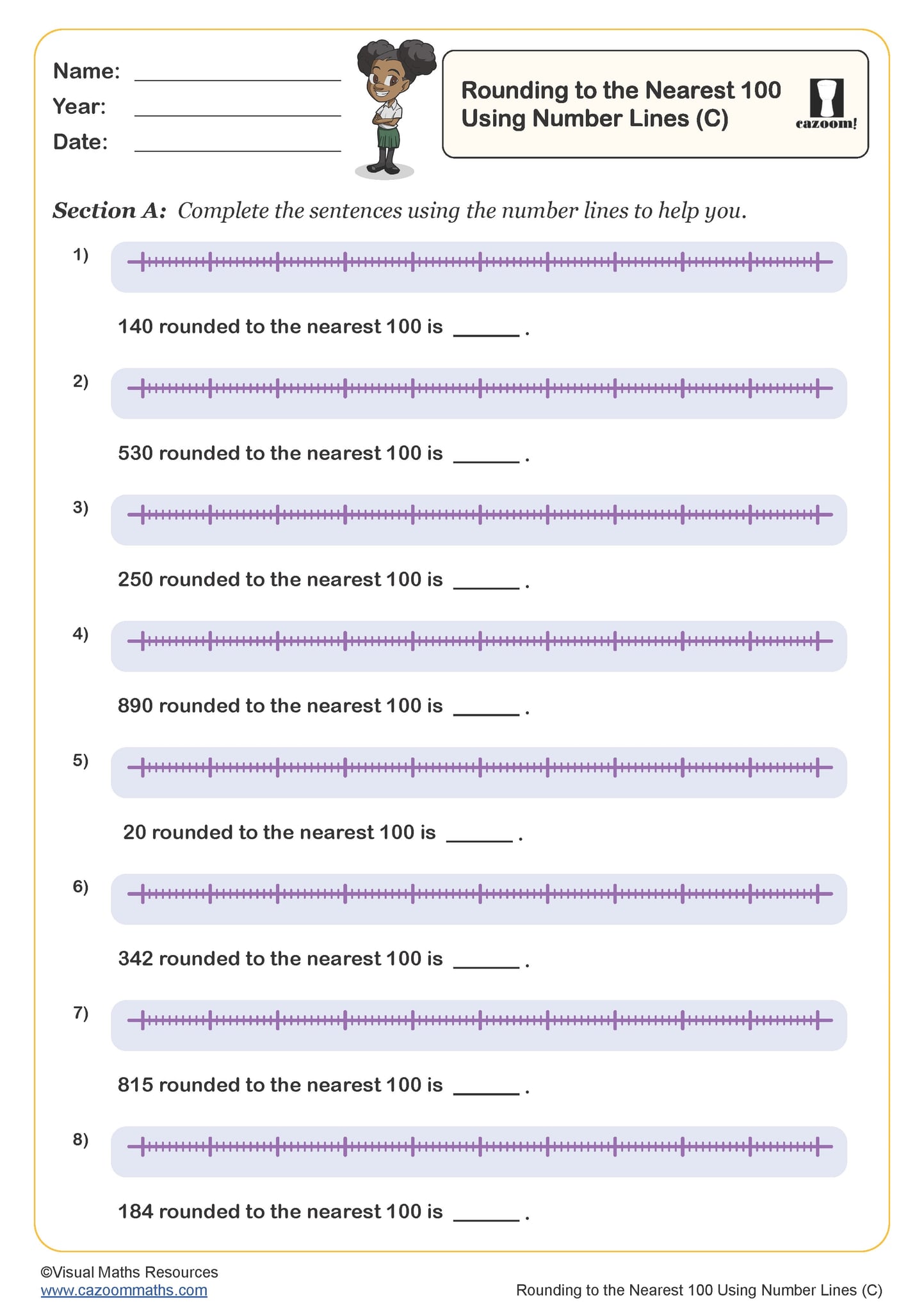 Rounding Numbers to the Nearest 10 Using Number Lines (C) Worksheet ...
